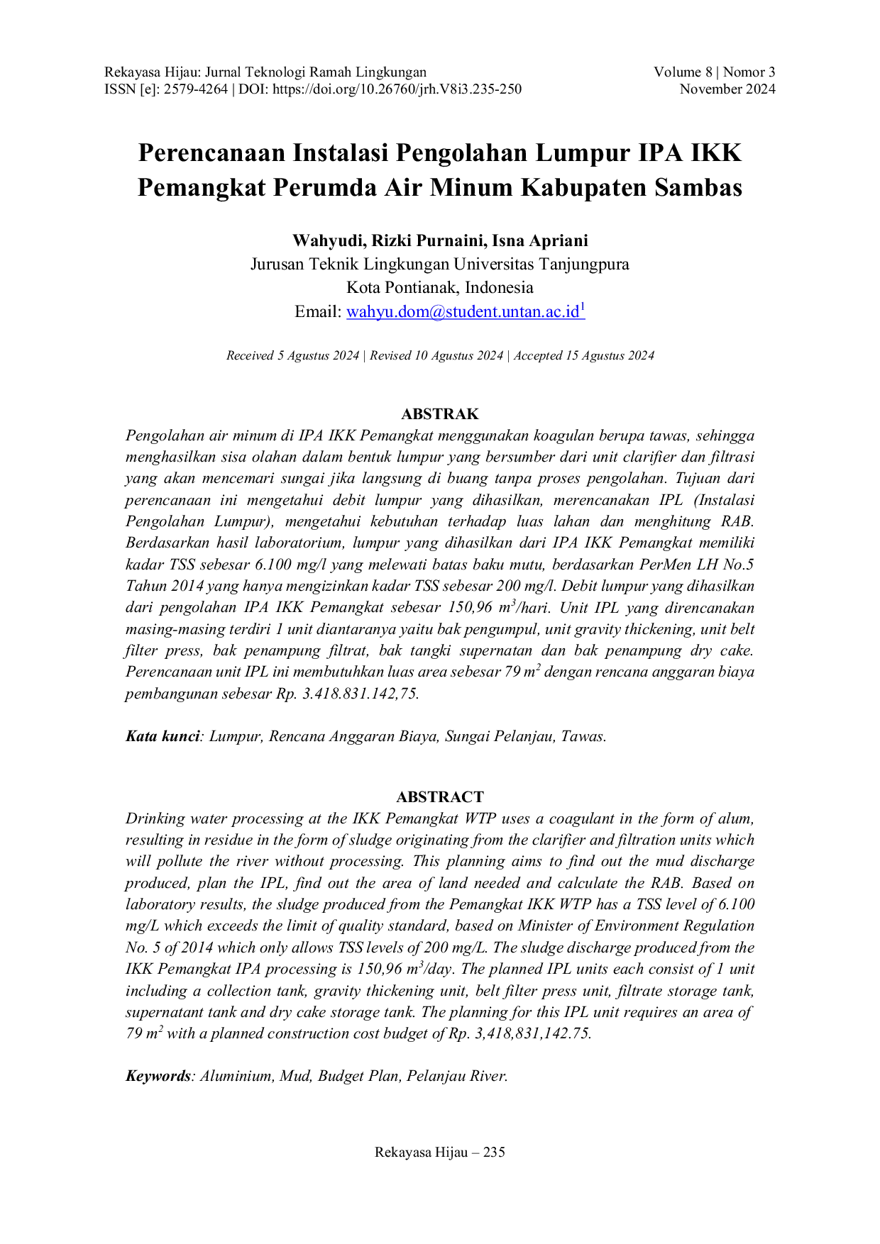 JURIS Perencanaan Instalasi Pengolahan Lumpur IPA IKK Pemangkat Perumda Air Minum Kabupaten Sambas