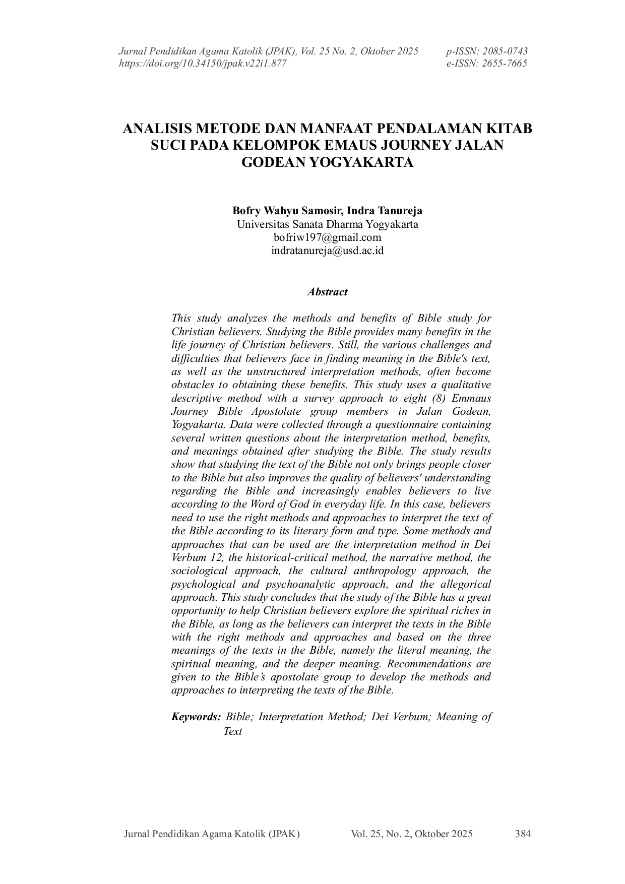 JURIS Analisis Metode dan Manfaat Pendalaman Kitab Suci pada Kelompok Emaus Journey Jalan Godean Yogyakarta