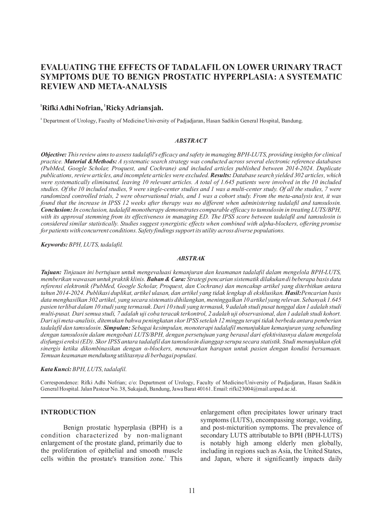 JURIS EVALUATING THE EFFECTS OF TADALAFIL ON LOWER URINARY TRACT SYMPTOMS DUE TO BENIGN PROSTATIC HYPERPLASIA A SYSTEMATIC REVIEW AND META ANALYSIS
