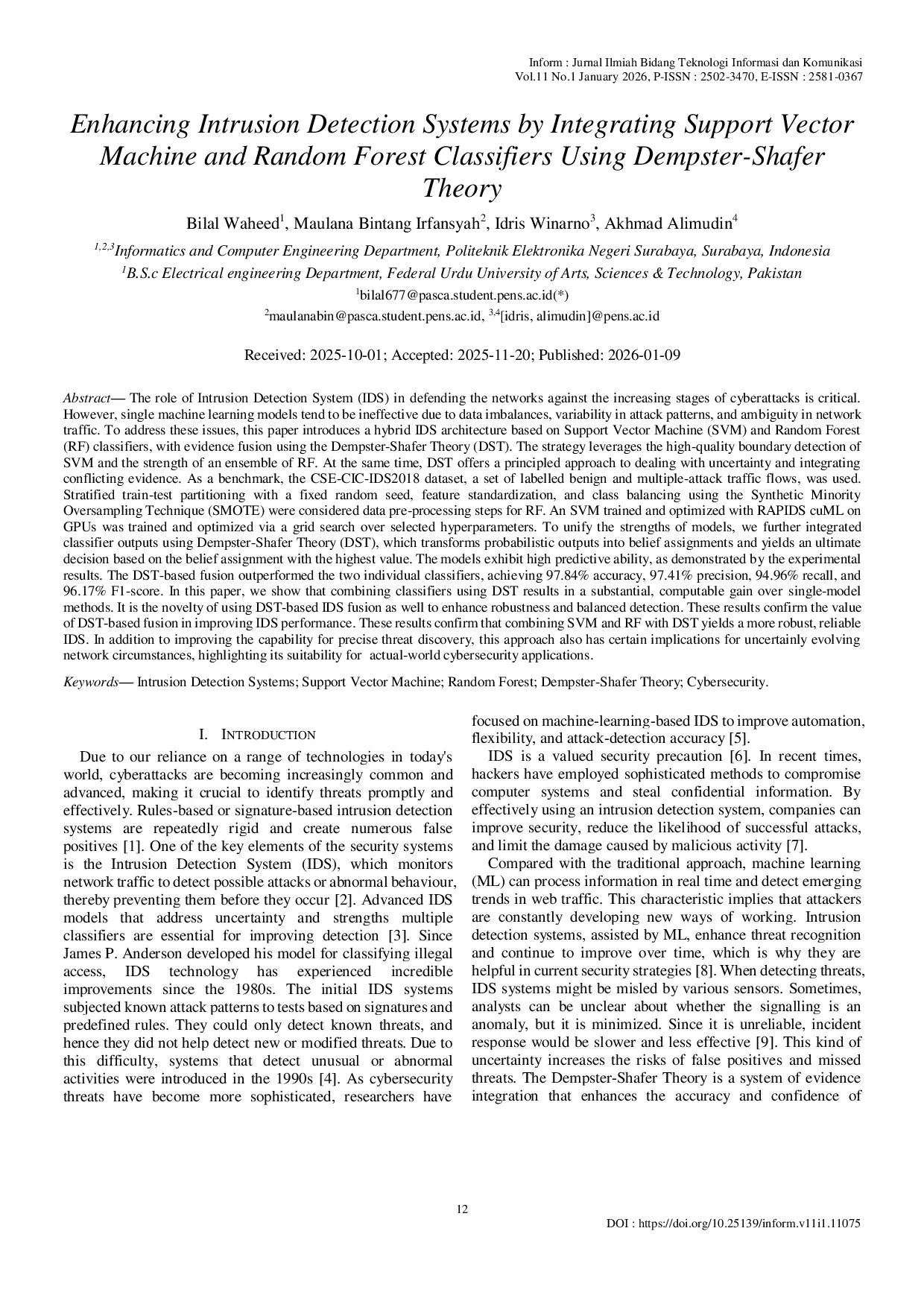 JURIS Enhancing Intrusion Detection Systems by Integrating Support Vector Machine and Random Forest Classifiers Using Dempster Shafer Theory