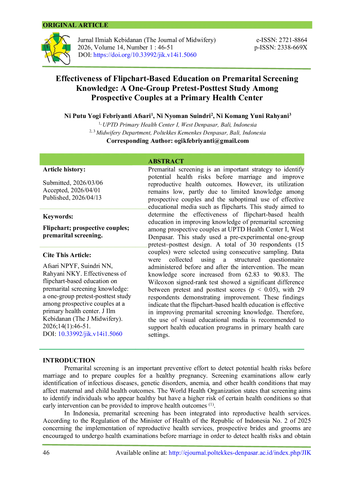 JURIS Effectiveness of Flipchart Based Education on Premarital Screening Knowledge A One Group Pretest Posttest Study Among Prospective Couples at a Primary Health Center