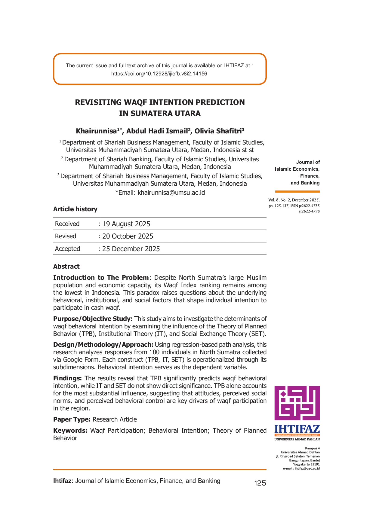 JURIS Revisiting Waqf Intention Prediction in Sumatera Utara