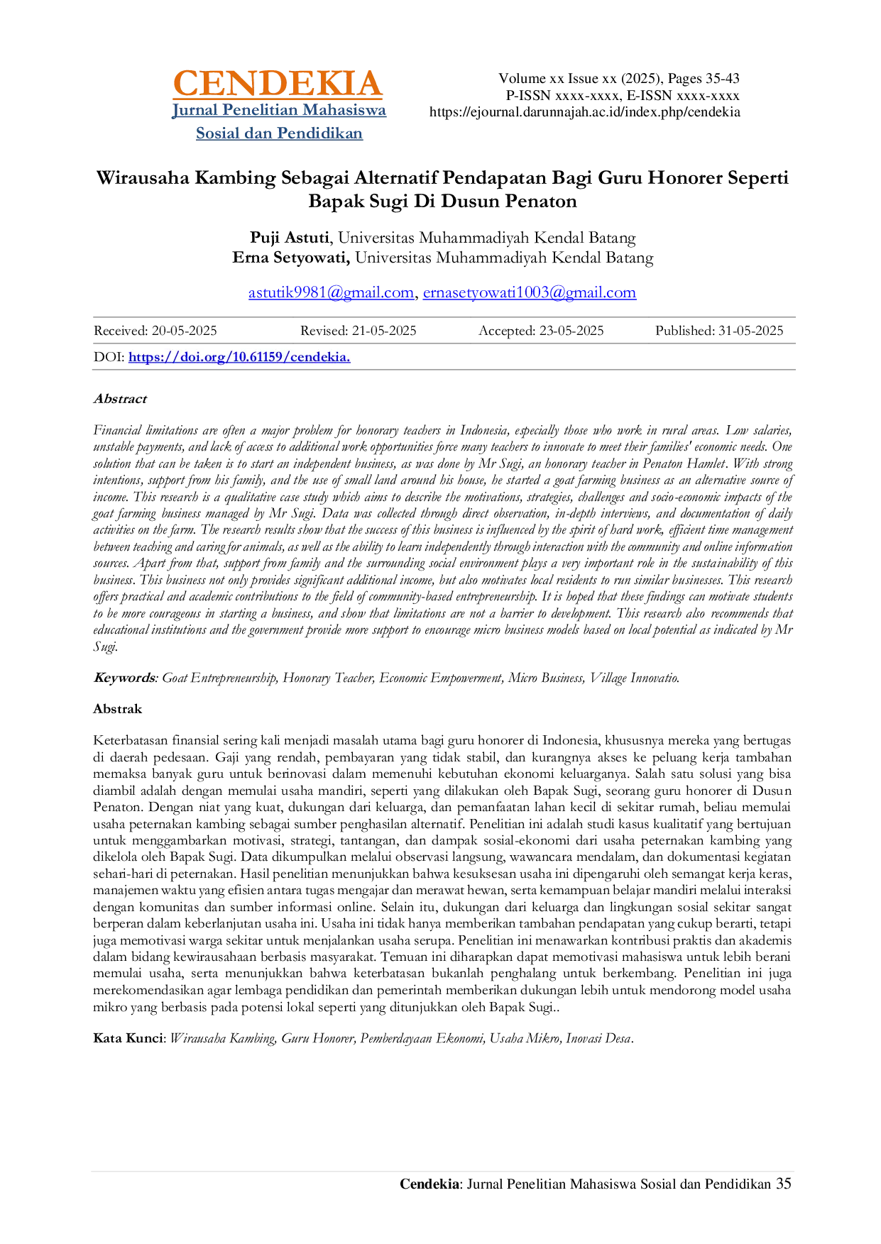 JURIS Wirausaha Kambing Sebagai Alternatif Pendapatan Bagi Guru Honorer Seperti Bapak Sugi Di Dusun Penaton