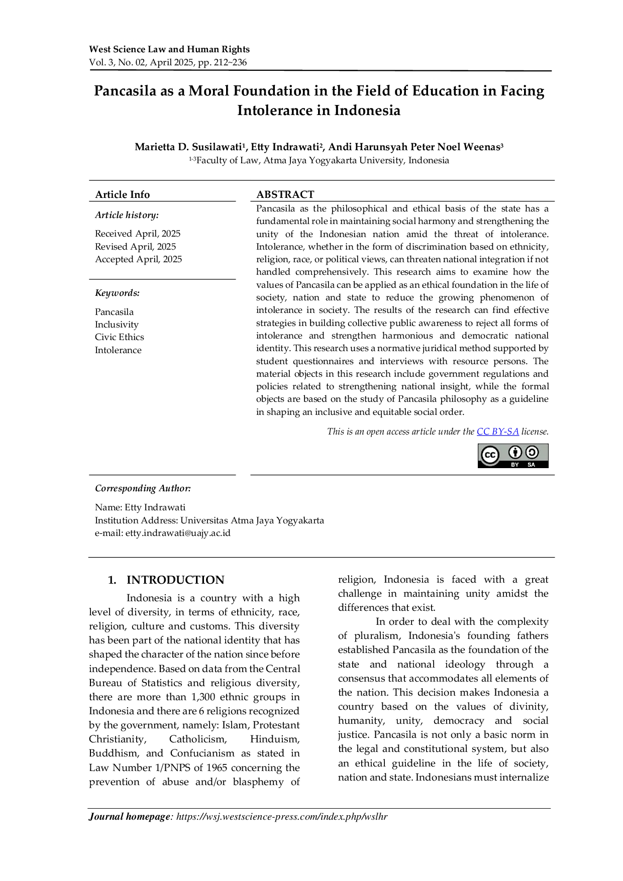 JURIS Pancasila as a Moral Foundation in the Field of Education in Facing Intolerance in Indonesia