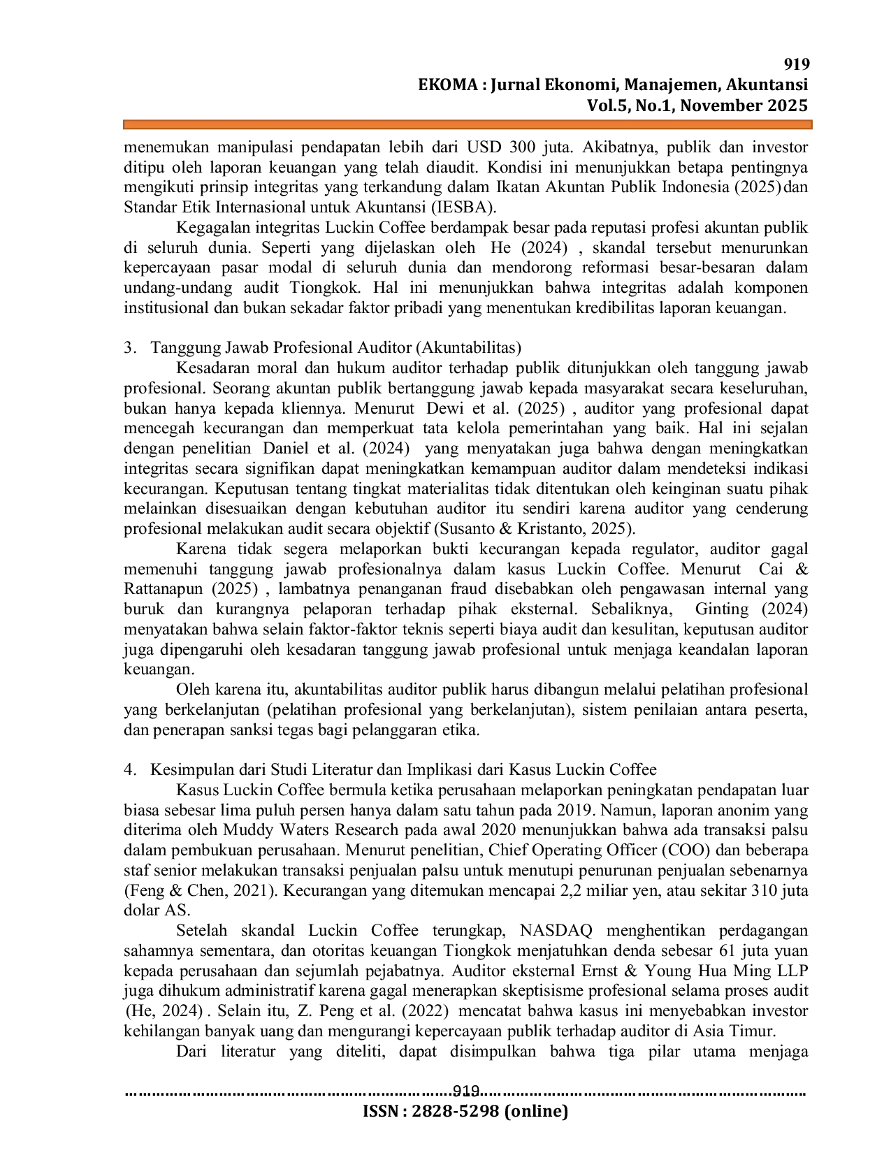JURIS Profesionalisme Integritas dan Tanggung Jawab Akuntan Publik dalam Menegakkan Kode Etik Studi Kasus Luckin Coffee