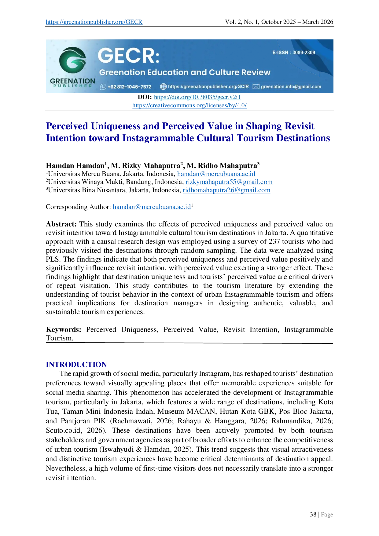 JURIS Perceived Uniqueness and Perceived Value in Shaping Revisit Intention toward Instagrammable Cultural Tourism Destinations