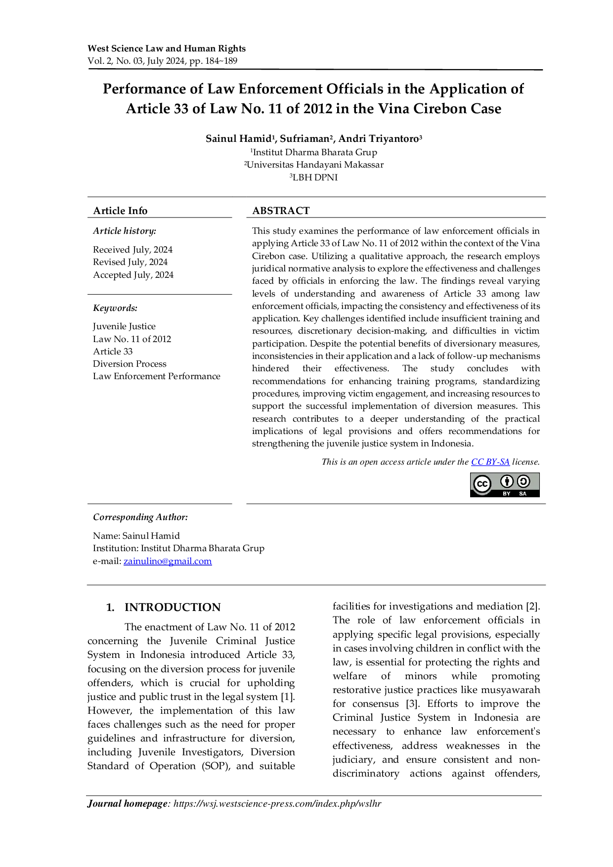 JURIS Performance of Law Enforcement Officials in the Application of Article 33 of Law No 11 of 2012 in the Vina Cirebon Case