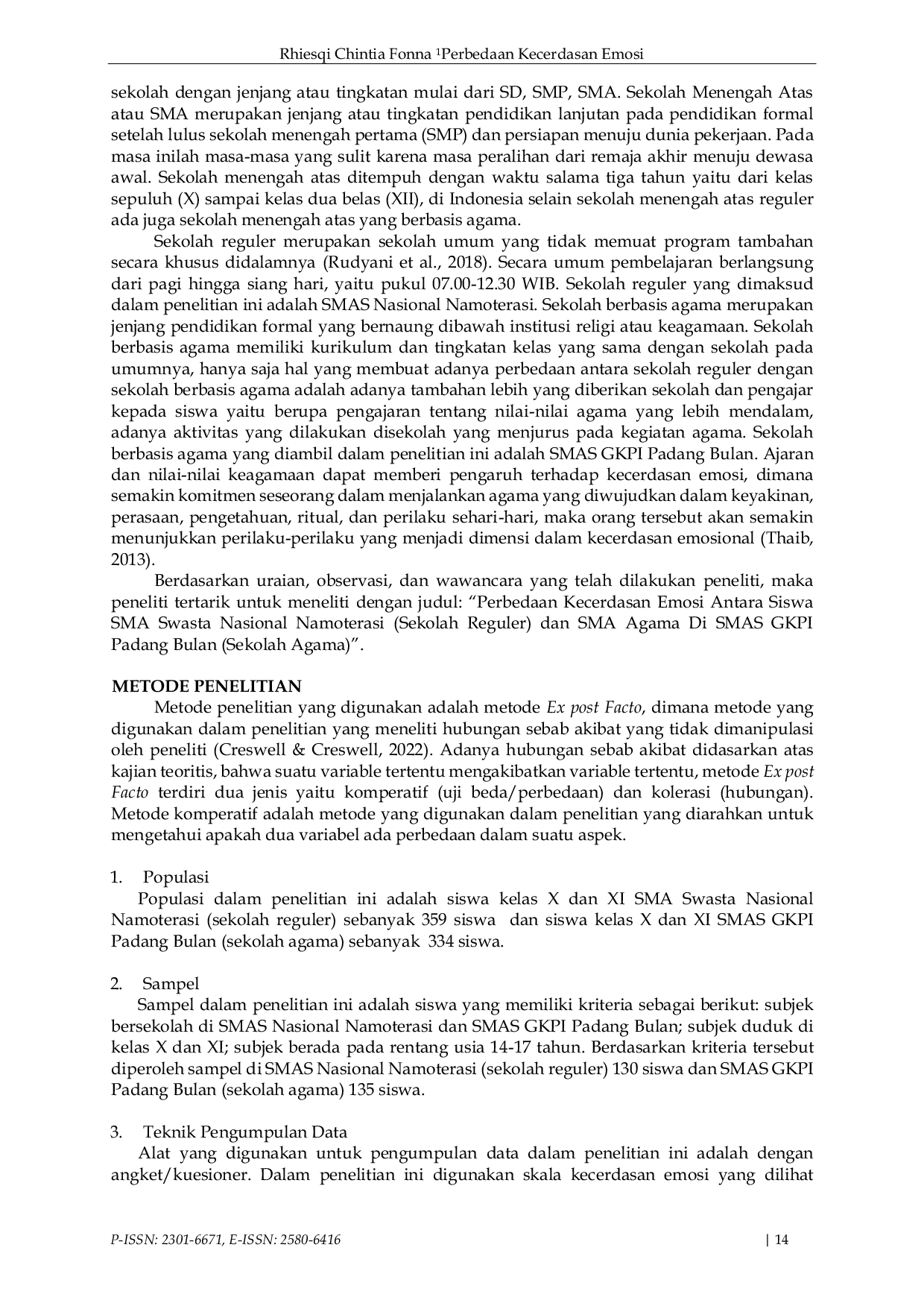 JURIS Perbedaan Kecerdasan Emosi Antara Siswa SMA Swasta Nasional Namoterasi Sekolah Reguler Dan SMA Agama Di SMAS GKPI Padang Bulan Sekolah Agama