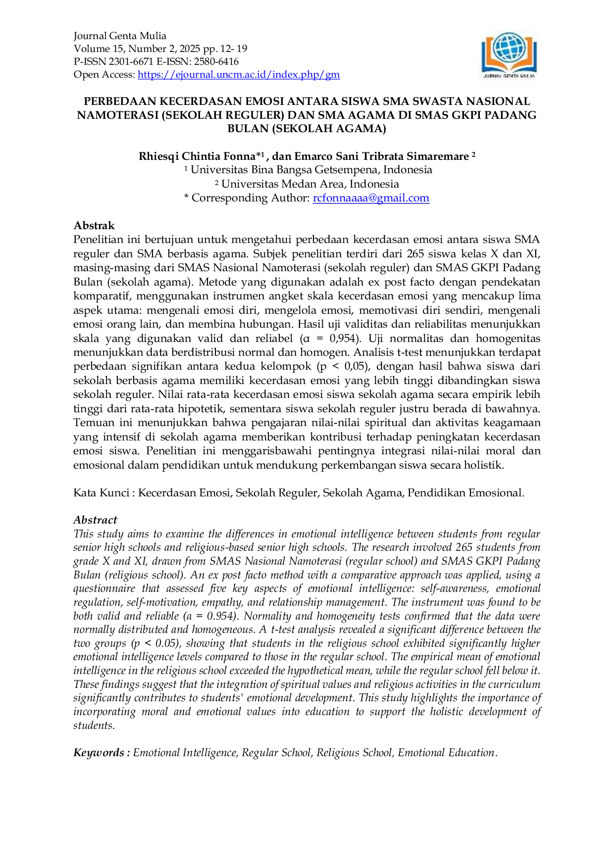 JURIS Perbedaan Kecerdasan Emosi Antara Siswa SMA Swasta Nasional Namoterasi Sekolah Reguler Dan SMA Agama Di SMAS GKPI Padang Bulan Sekolah Agama