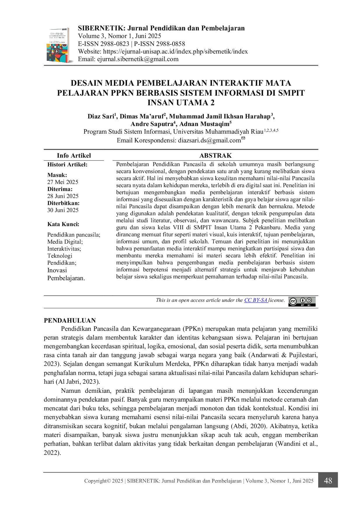 JURIS Desain Media Pembelajaran Interaktif Mata Pelajaran PPKn Berbasis Sistem Informasi di SMPIT Insan Utama 2