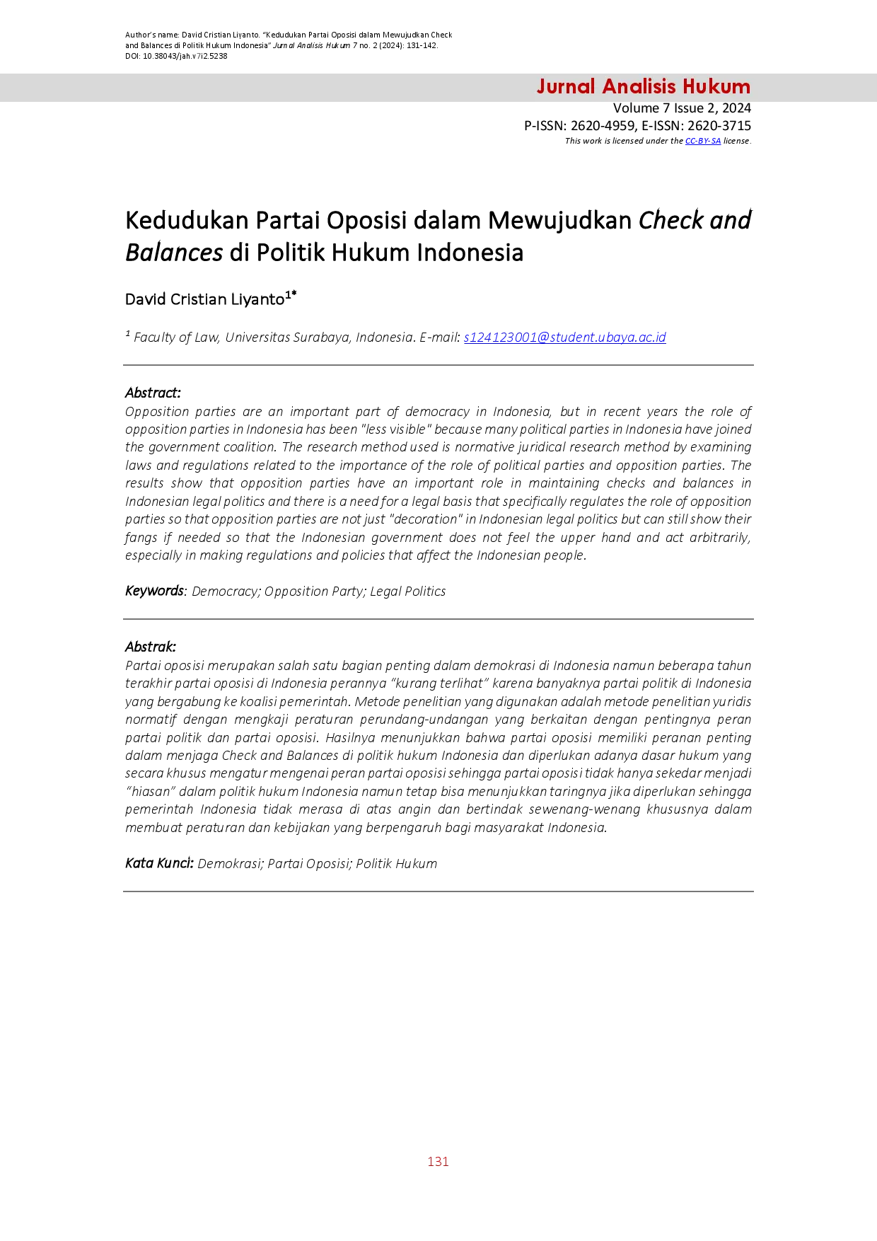 juris Kedudukan Partai Oposisi dalam Mewujudkan Check and Balances di Politik Hukum Indonesia