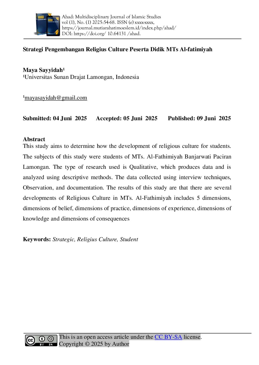 JURIS Strategi Pengembangan Religius Culture Peserta Didik MTs Al Fatimiyah