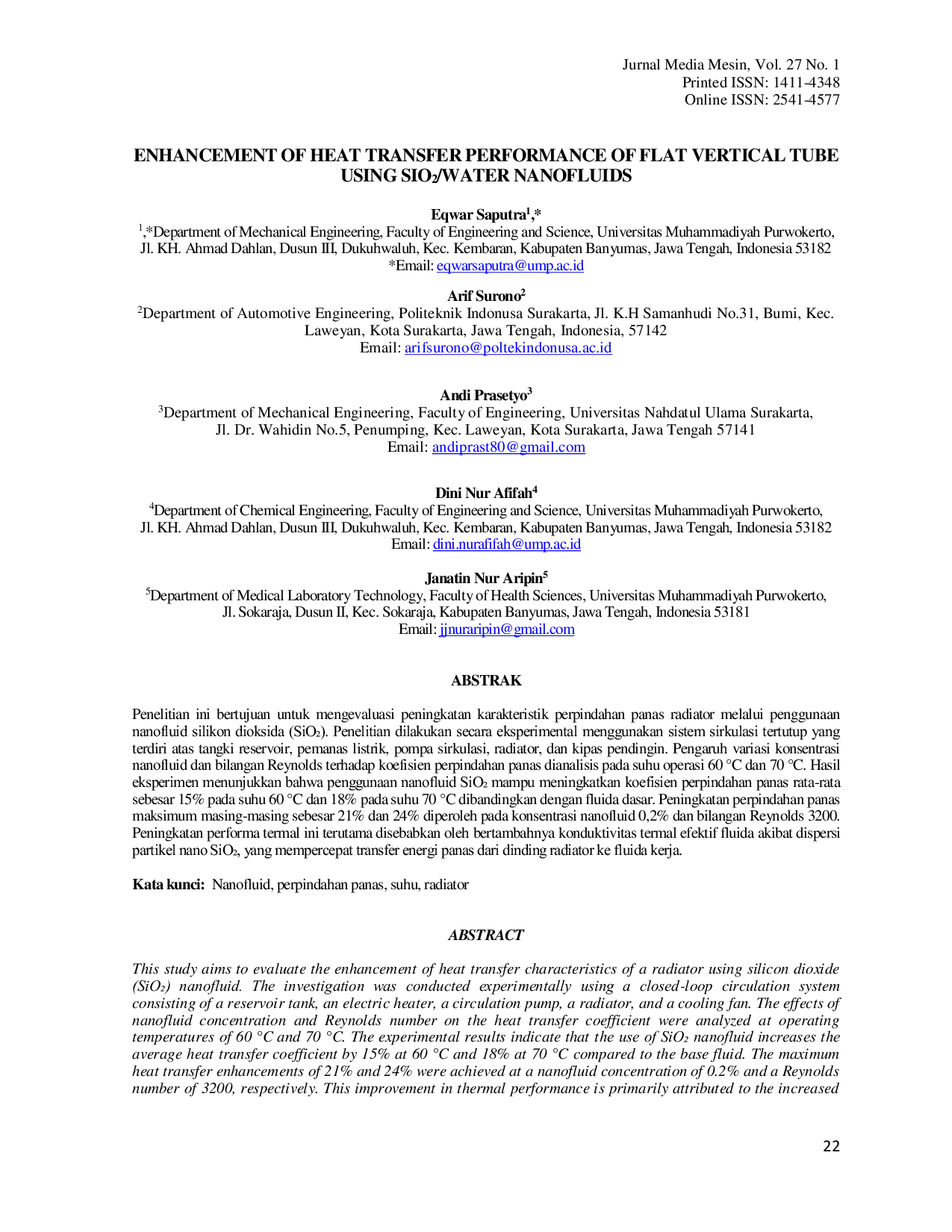 JURIS Enhancement of Heat Transfer Performance of Flat Vertical Tube Using SiO2 Water Nanofluids