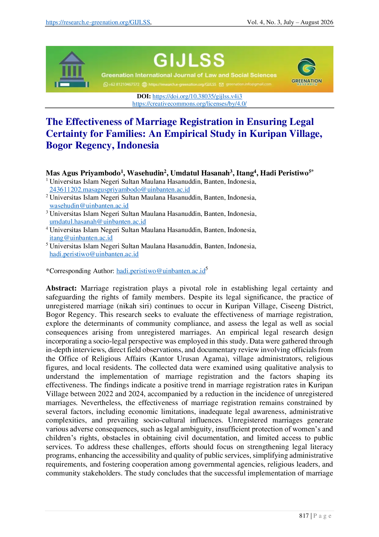 JURIS The Effectiveness of Marriage Registration in Ensuring Legal Certainty for Families An Empirical Study in Kuripan Village Bogor Regency Indonesia