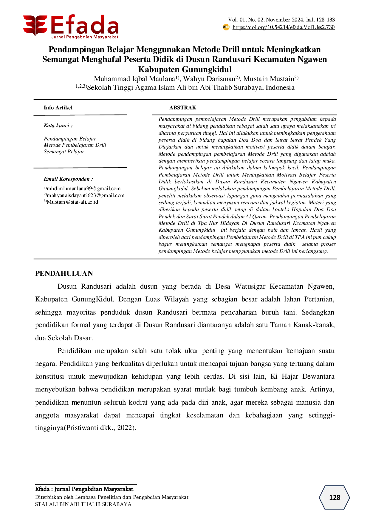 JURIS Pendampingan Belajar Menggunakan Metode Drill untuk Meningkatkan Semangat Menghafal Peserta Didik di Dusun Randusari Kecamaten Ngawen Kabupaten Gunungkidul