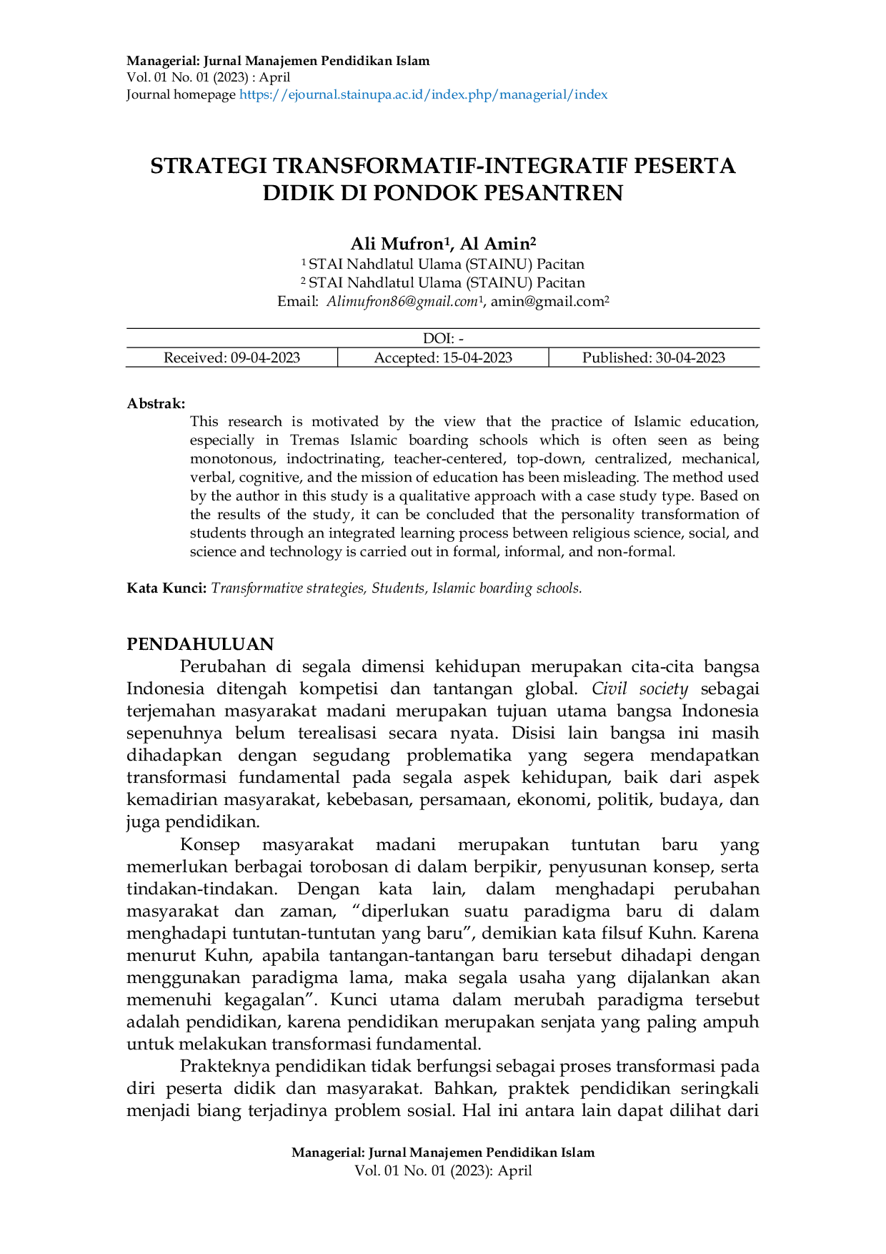 JURIS Strategi Transformatif Integratif Peserta Didik di Pondok Pesantren