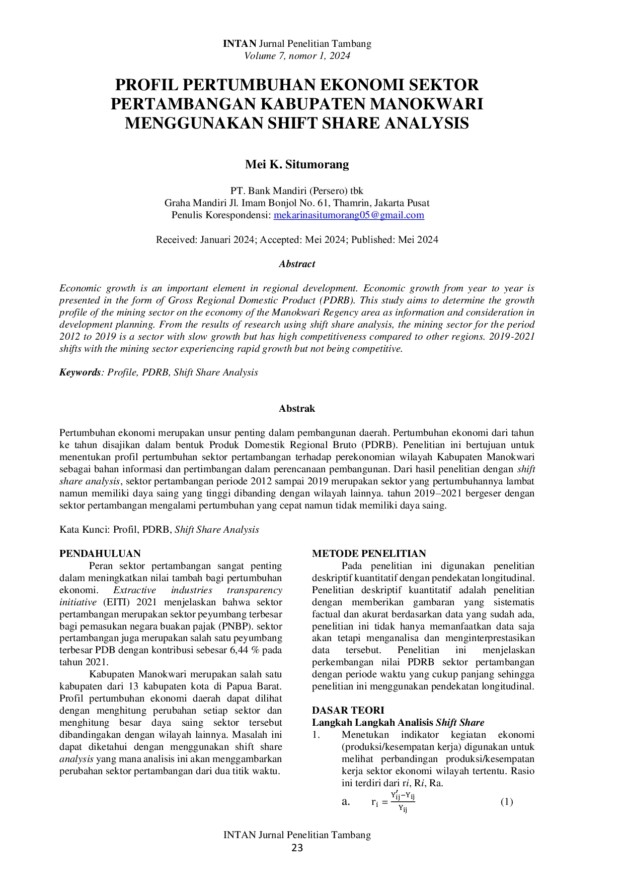 JURIS Profil Pertumbuhan Ekonomi Sektor Pertambangan Kabupaten Manokwari Menggunakan Shift Share Analysis