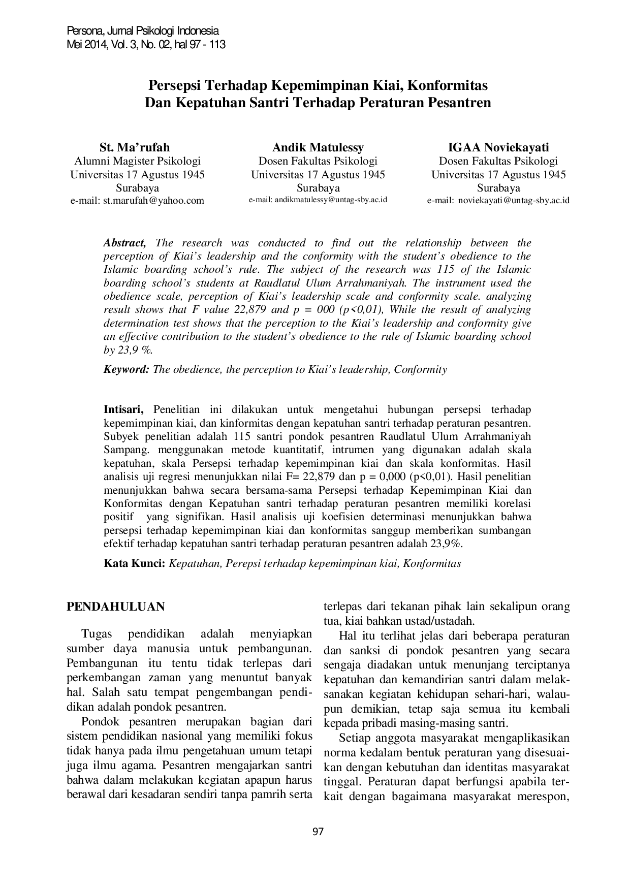 JURIS Persepsi terhadap Kepemimpinan Kiai Konformitas dan Kepatuhan Santri terhadap Peraturan Pesantren