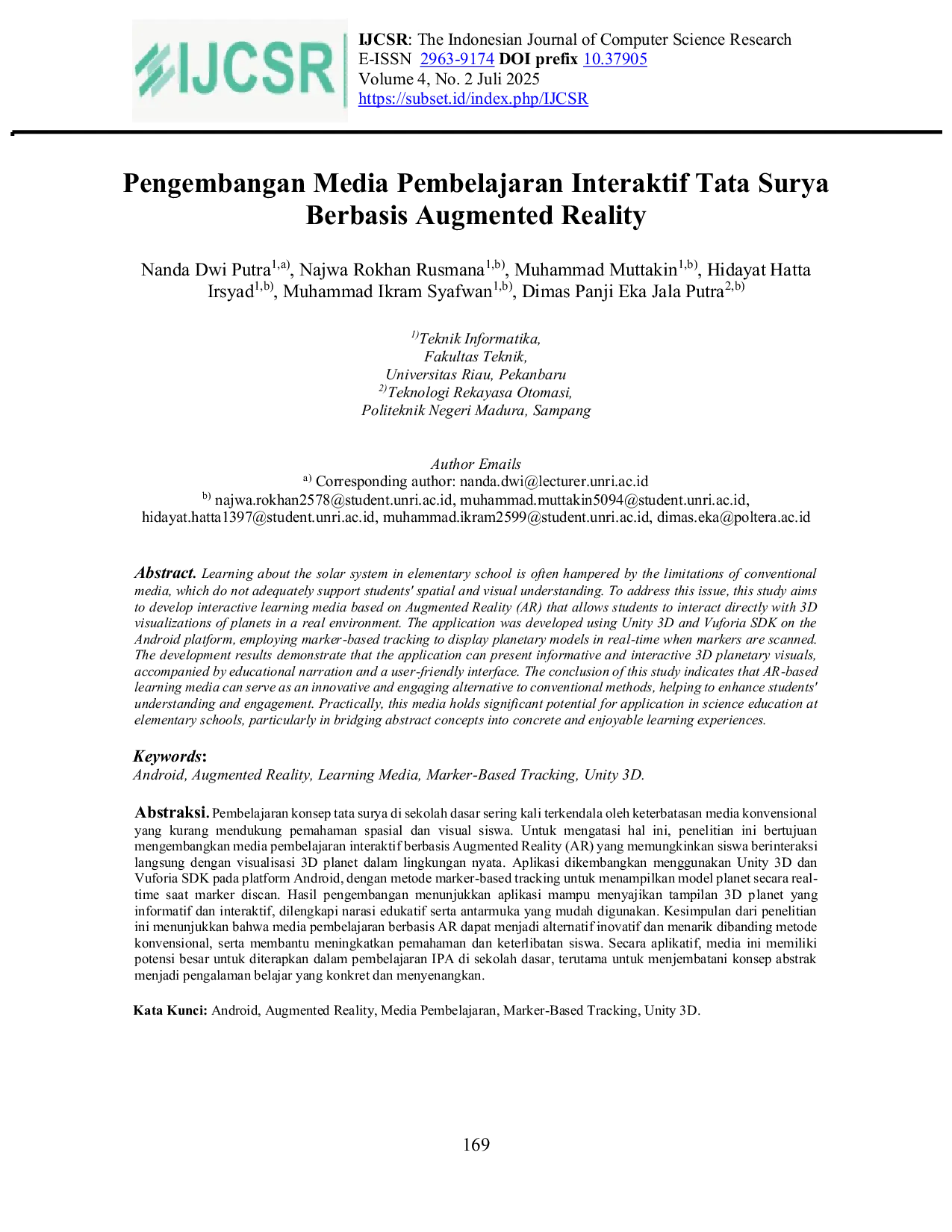 JURIS Pengembangan Media Pembelajaran Interaktif Tata Surya Berbasis Augmented Reality