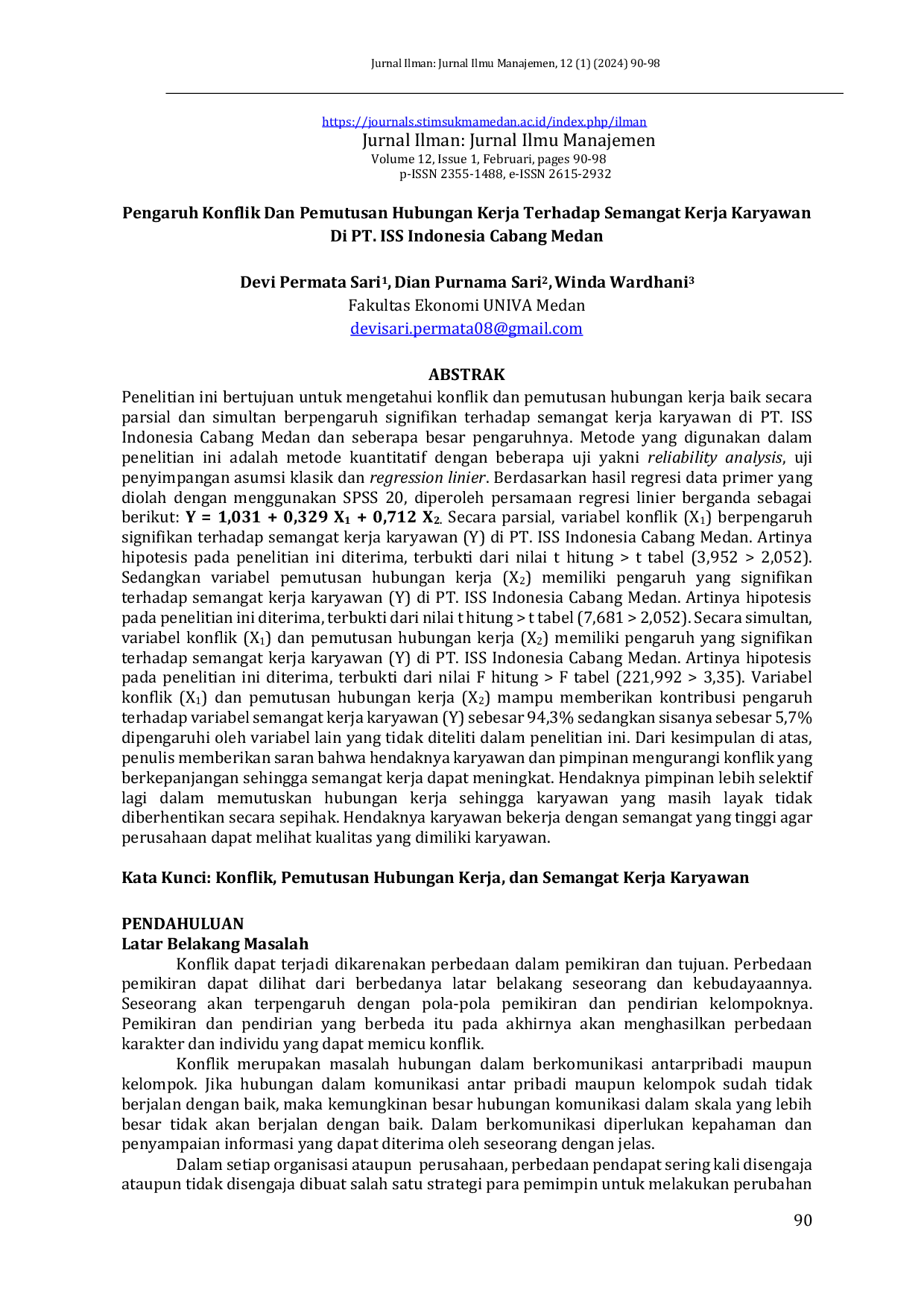 JURIS Pengaruh Konflik Dan Pemutusan Hubungan Kerja Terhadap Semangat Kerja Karyawan Di PT ISS Indonesia Cabang Medan