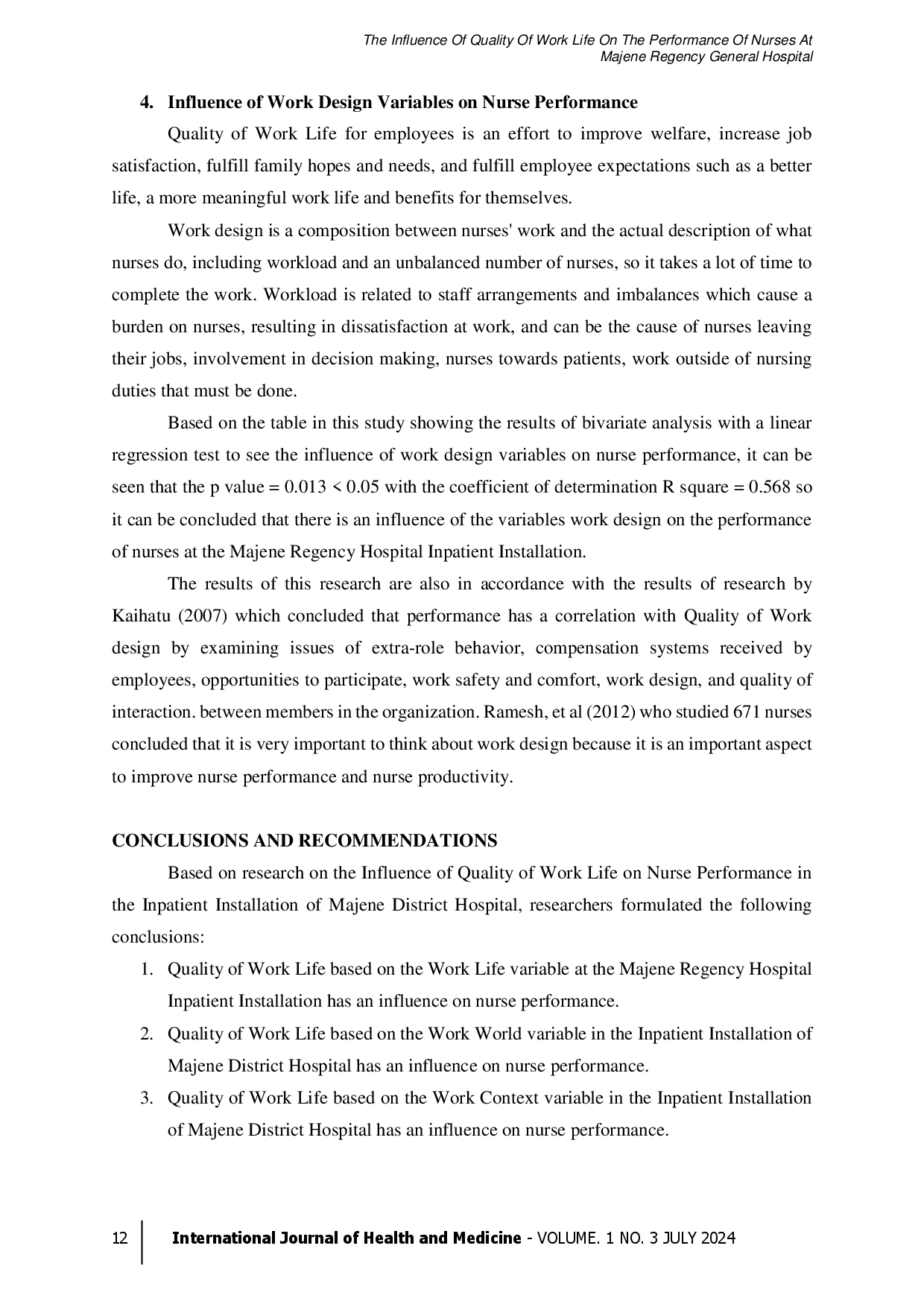 juris The Influence Of Quality Of Work Life On The Performance Of Nurses At Majene Regency General Hospital