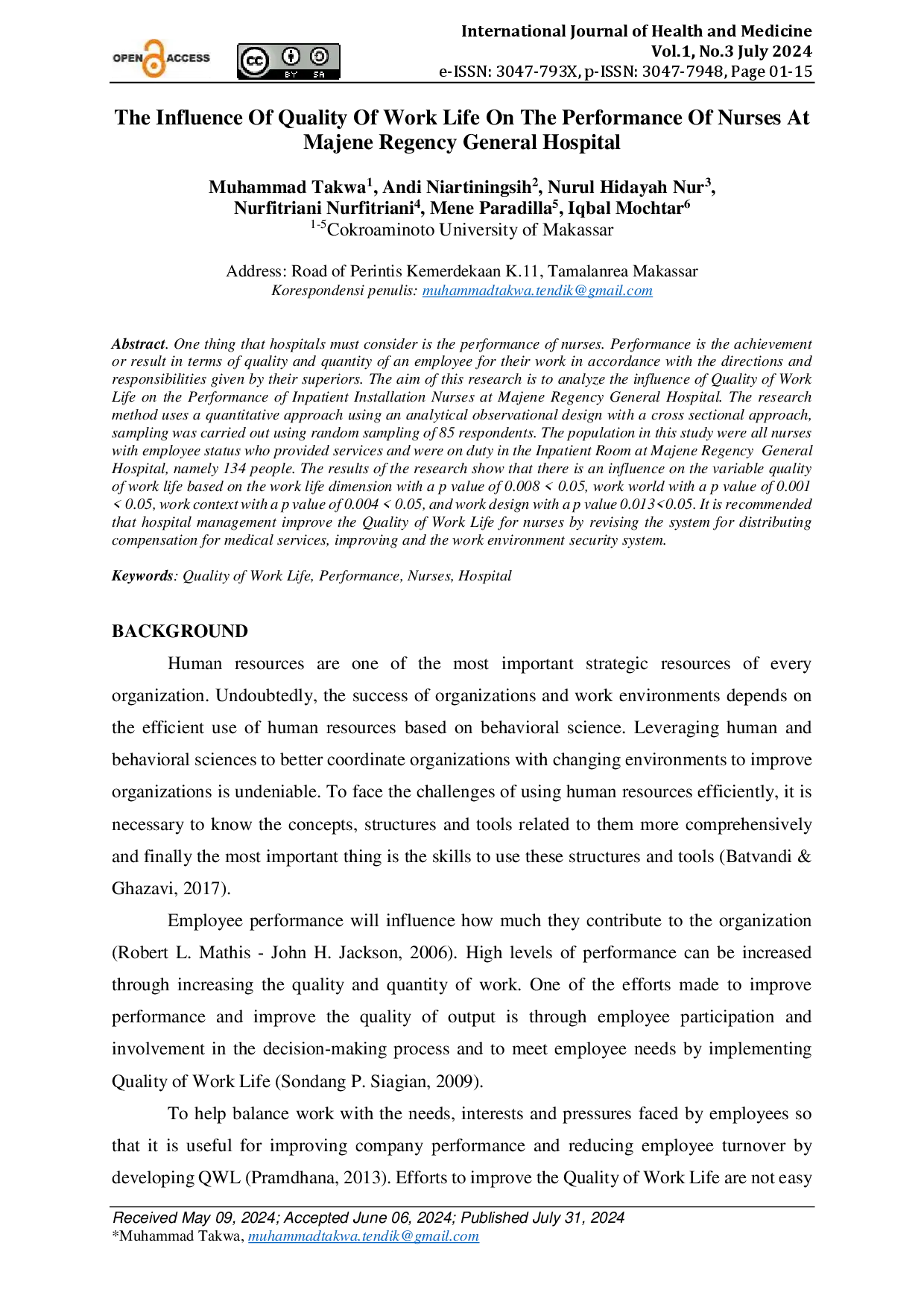 juris The Influence Of Quality Of Work Life On The Performance Of Nurses At Majene Regency General Hospital