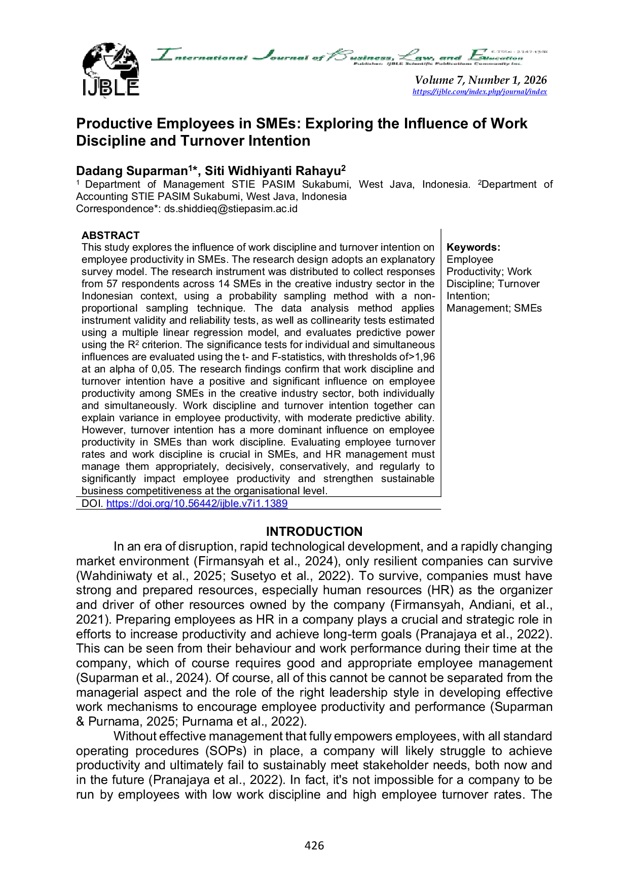 JURIS Productive Employees in SMEs Exploring the Influence of Work Discipline and Turnover Intention