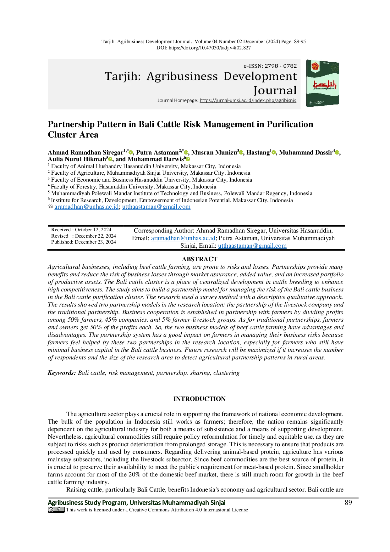 JURIS Partnership Pattern In Bali Cattle Risk Management In Purification Cluster Area