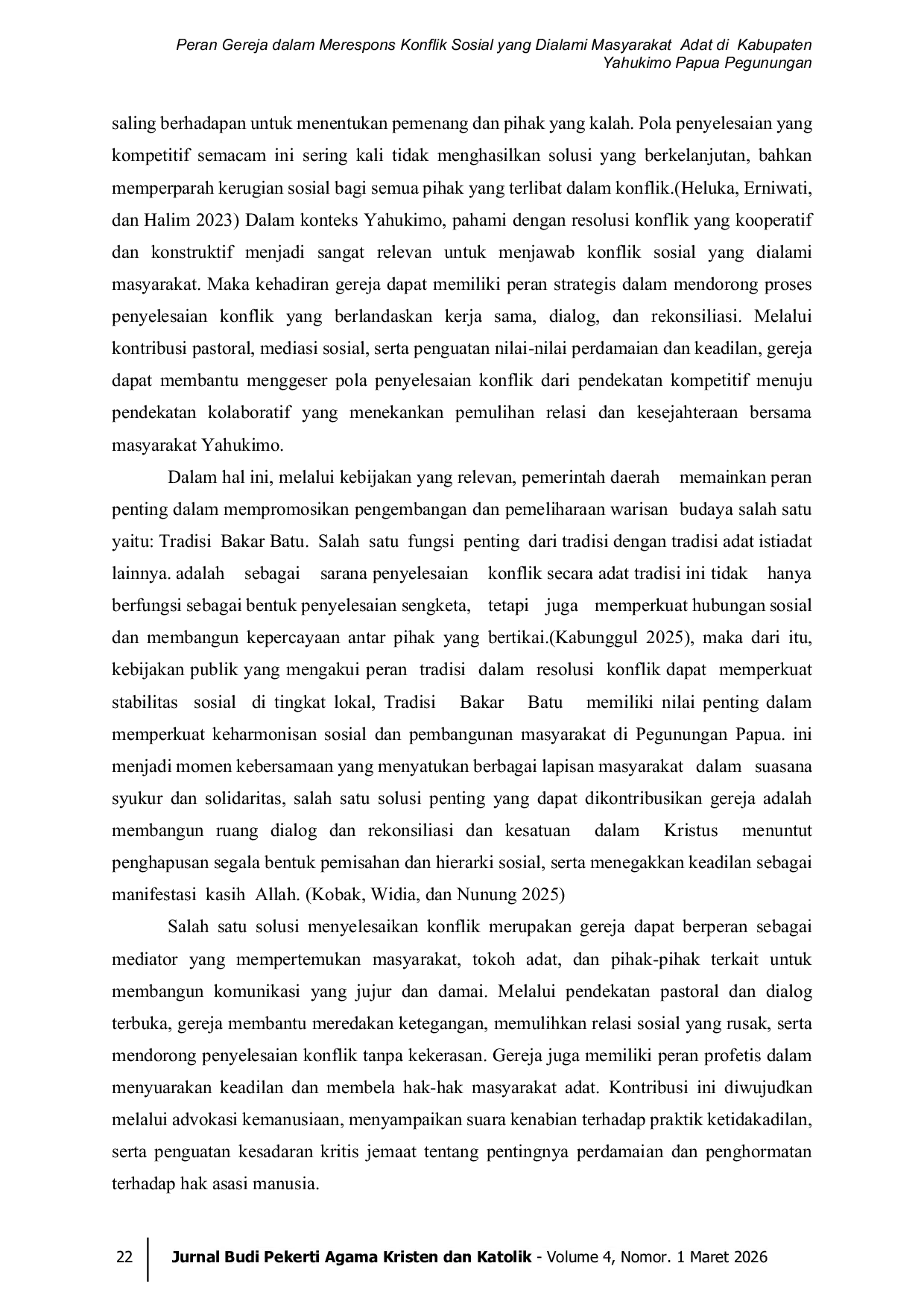 JURIS Peran Gereja dalam Merespons Konflik Sosial yang Dialami Masyarakat Adat di Kabupaten Yahukimo Papua Pegunungan