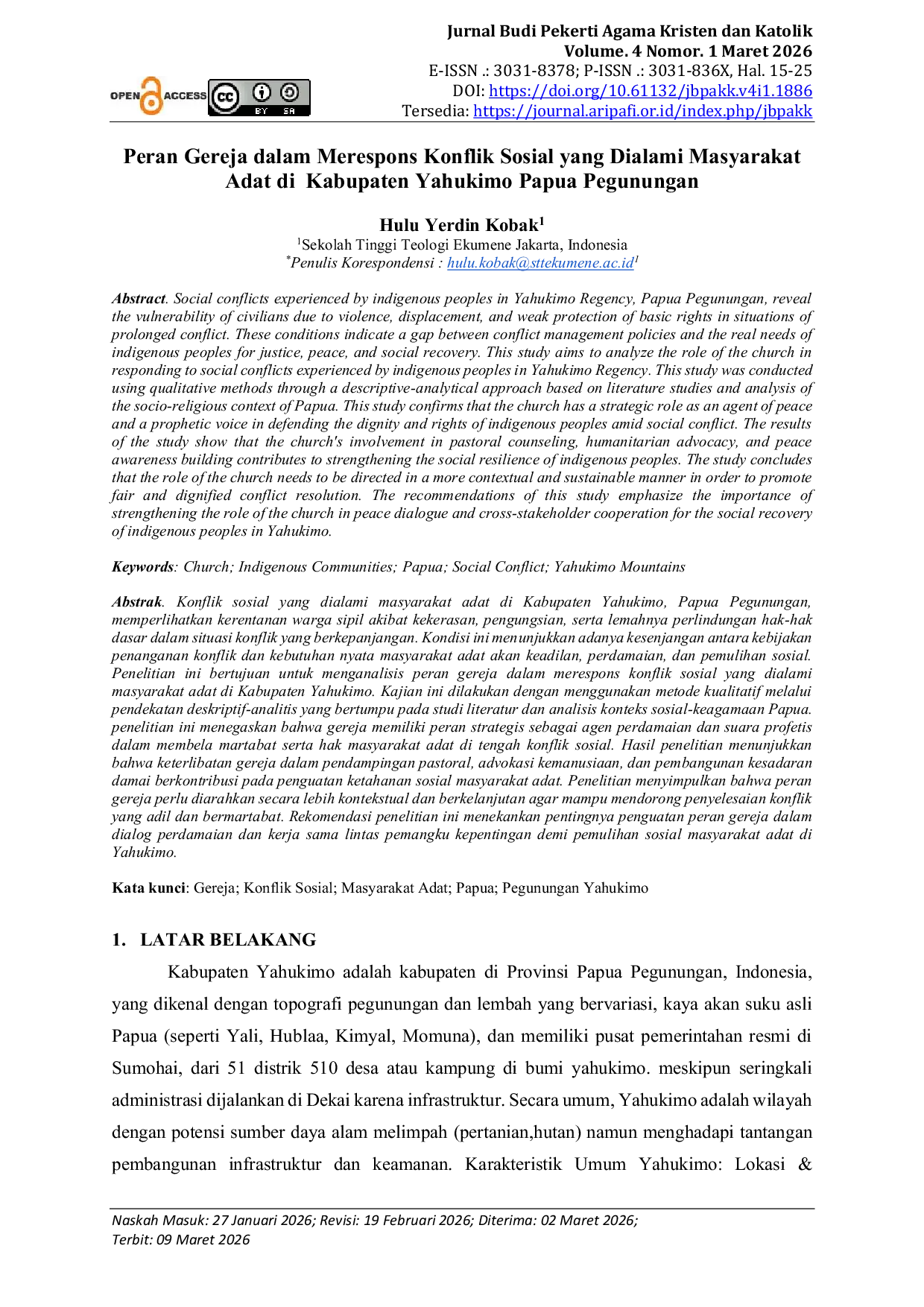 JURIS Peran Gereja dalam Merespons Konflik Sosial yang Dialami Masyarakat Adat di Kabupaten Yahukimo Papua Pegunungan