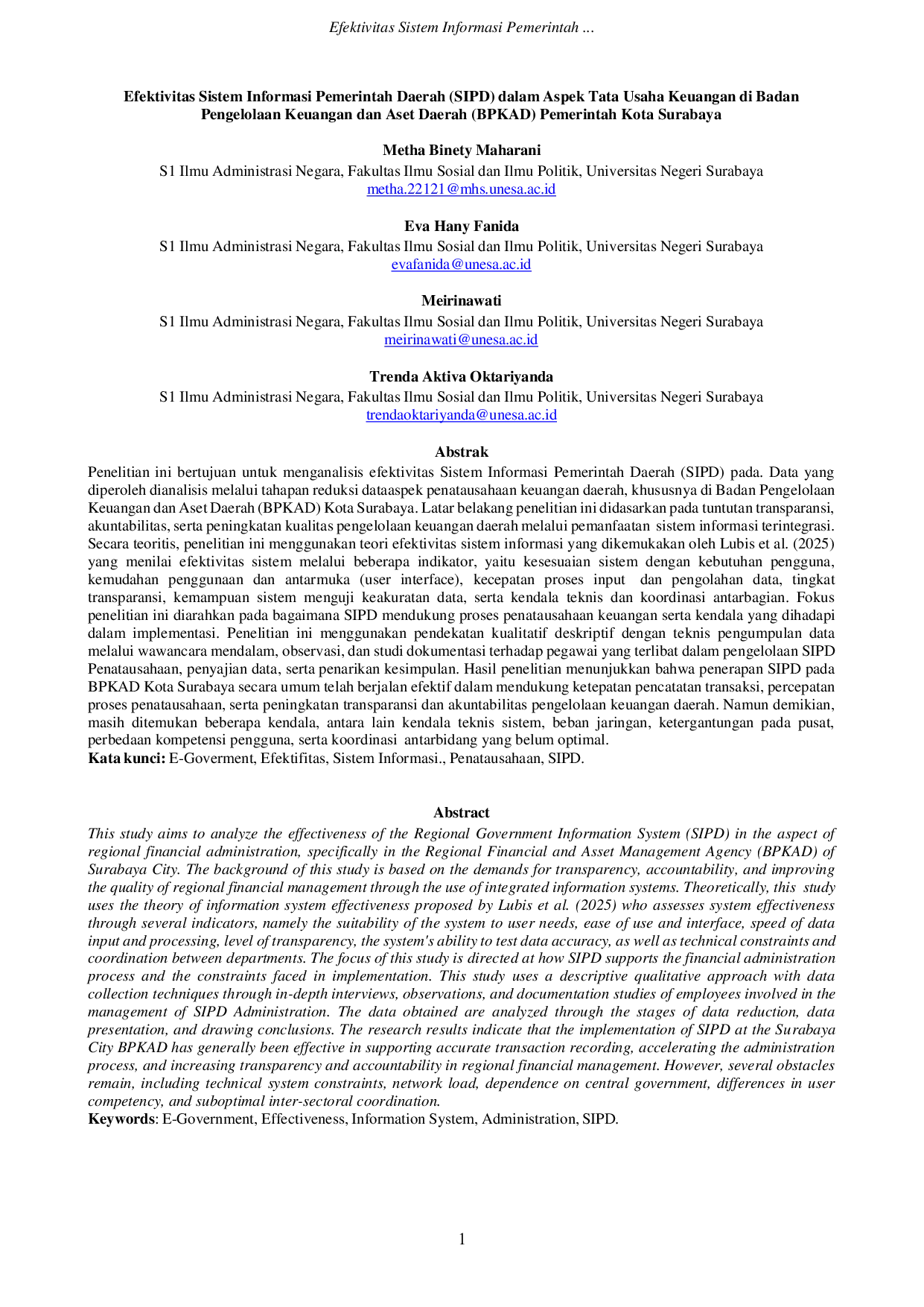 JURIS Efektivitas Sistem Informasi Pemerintah Daeah SIPD dalam Aspek Tata Usaha Keuangan di Badan Pengelolaan Keuangan dan Aset Daerah BPKAD Kora Surabaya