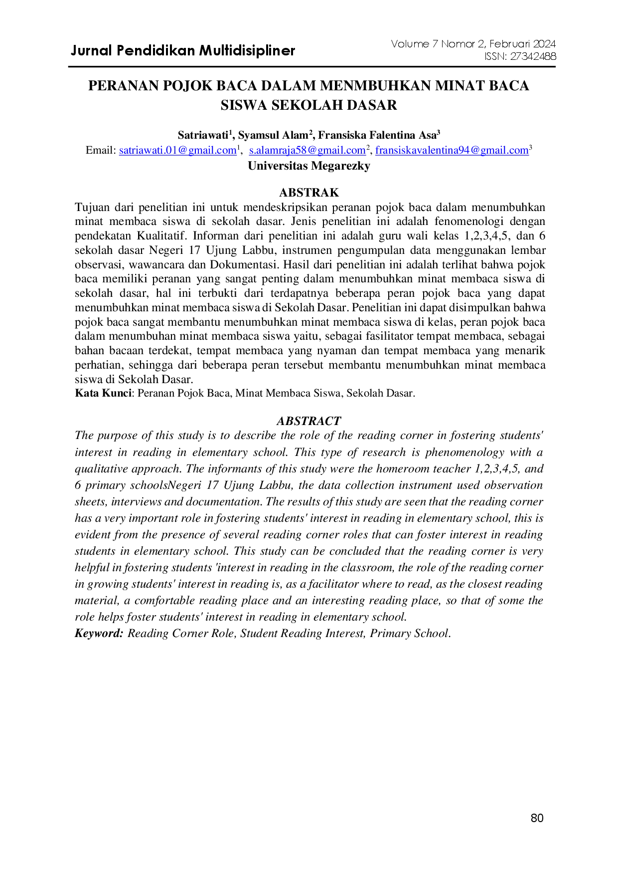 juris Peranan Pojok Baca Dalam Menumbuhkan Minat Baca Siswa Sekolah Dasar