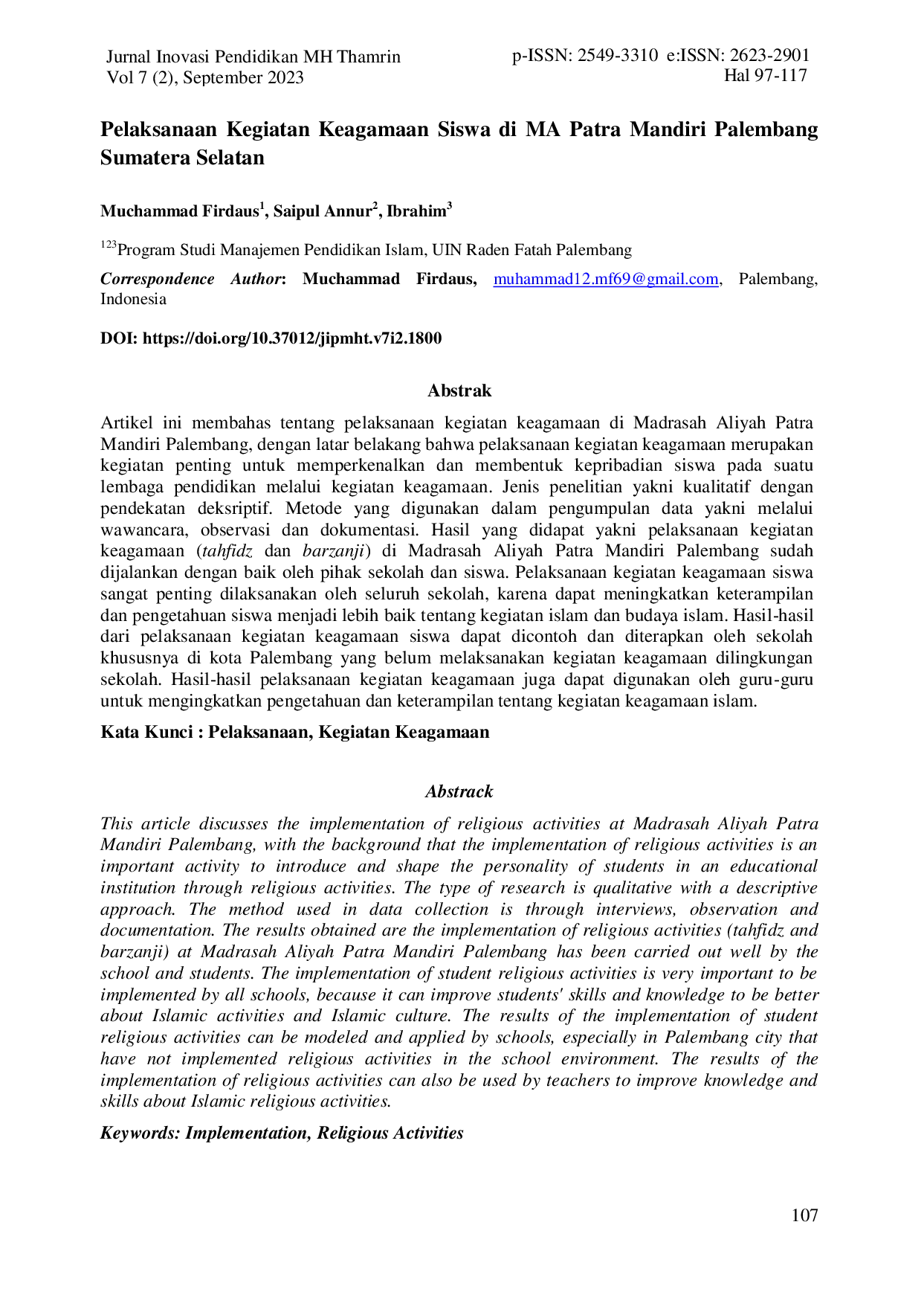 JURIS Pelaksanaan Kegiatan Keagamaan Siswa Di Ma Patra Mandiri Palembang Sumatera Selatan