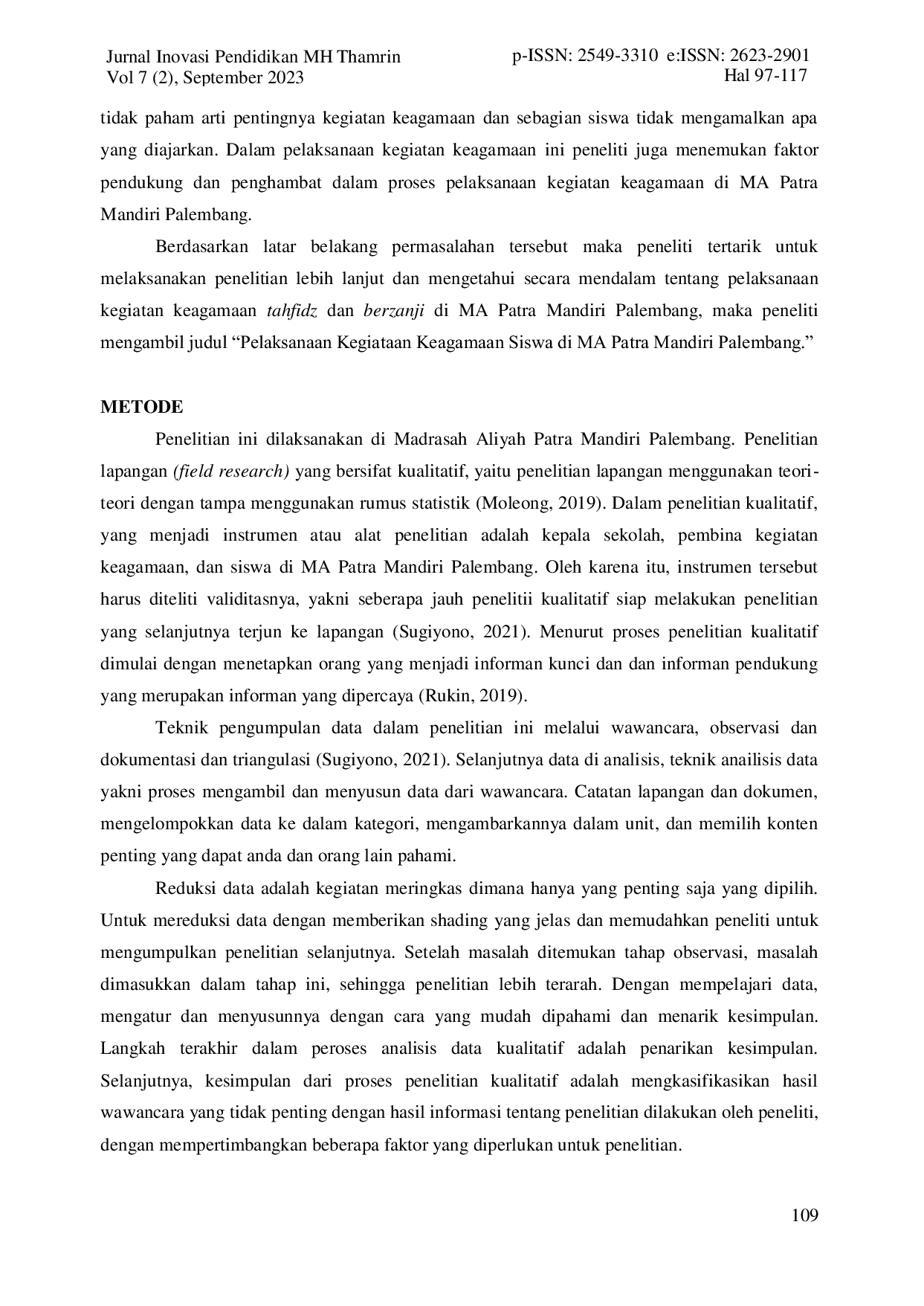 JURIS Pelaksanaan Kegiatan Keagamaan Siswa Di Ma Patra Mandiri Palembang Sumatera Selatan