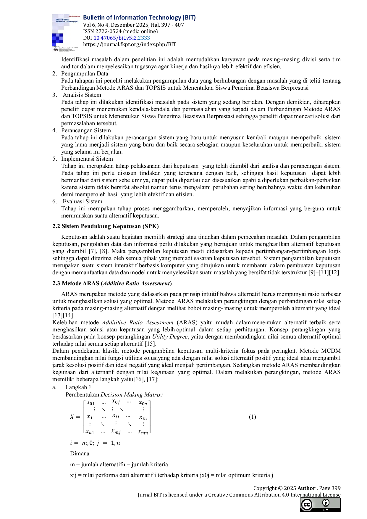 JURIS Perbandingan Metode ARAS dan TOPSIS untuk Menentukan Siswa Penerima Beasiswa Berprestasi