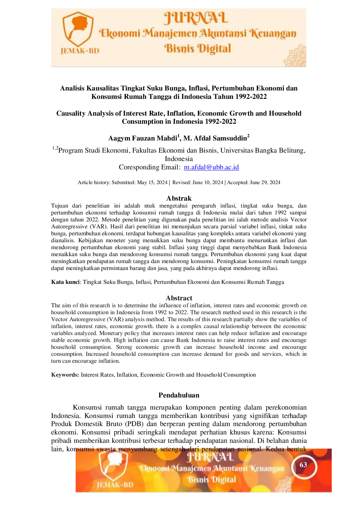 JURIS Causality Analysis of Interest Rates Inflation Economic Growth and Household Consumption in Indonesia from 1992 to 2022