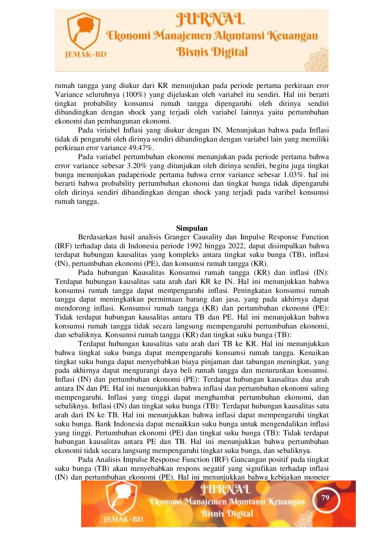 JURIS Causality Analysis of Interest Rates Inflation Economic Growth and Household Consumption in Indonesia from 1992 to 2022