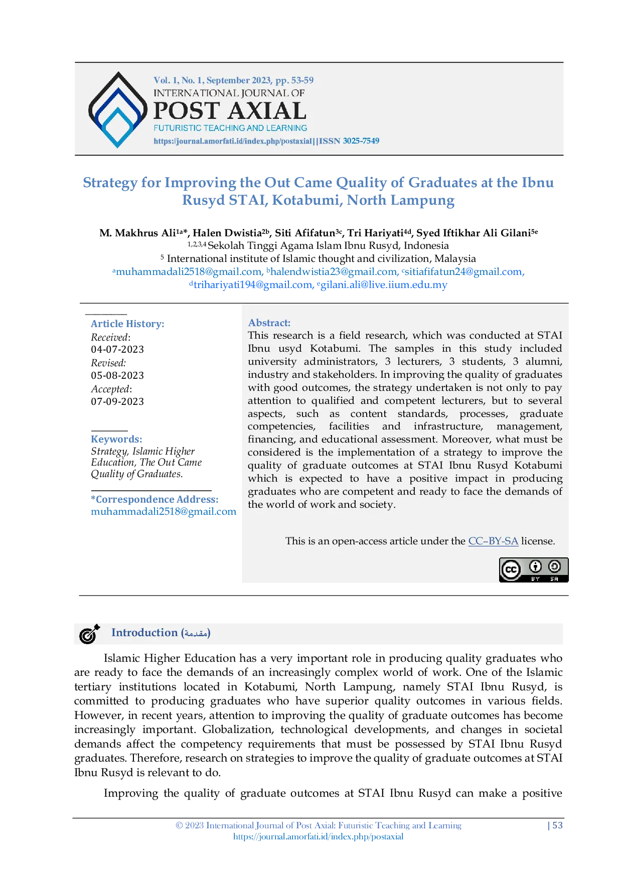 JURIS Strategy for Improving the Out Came Quality of Graduates at the Ibnu Rusyd STAI Kotabumi North Lampung