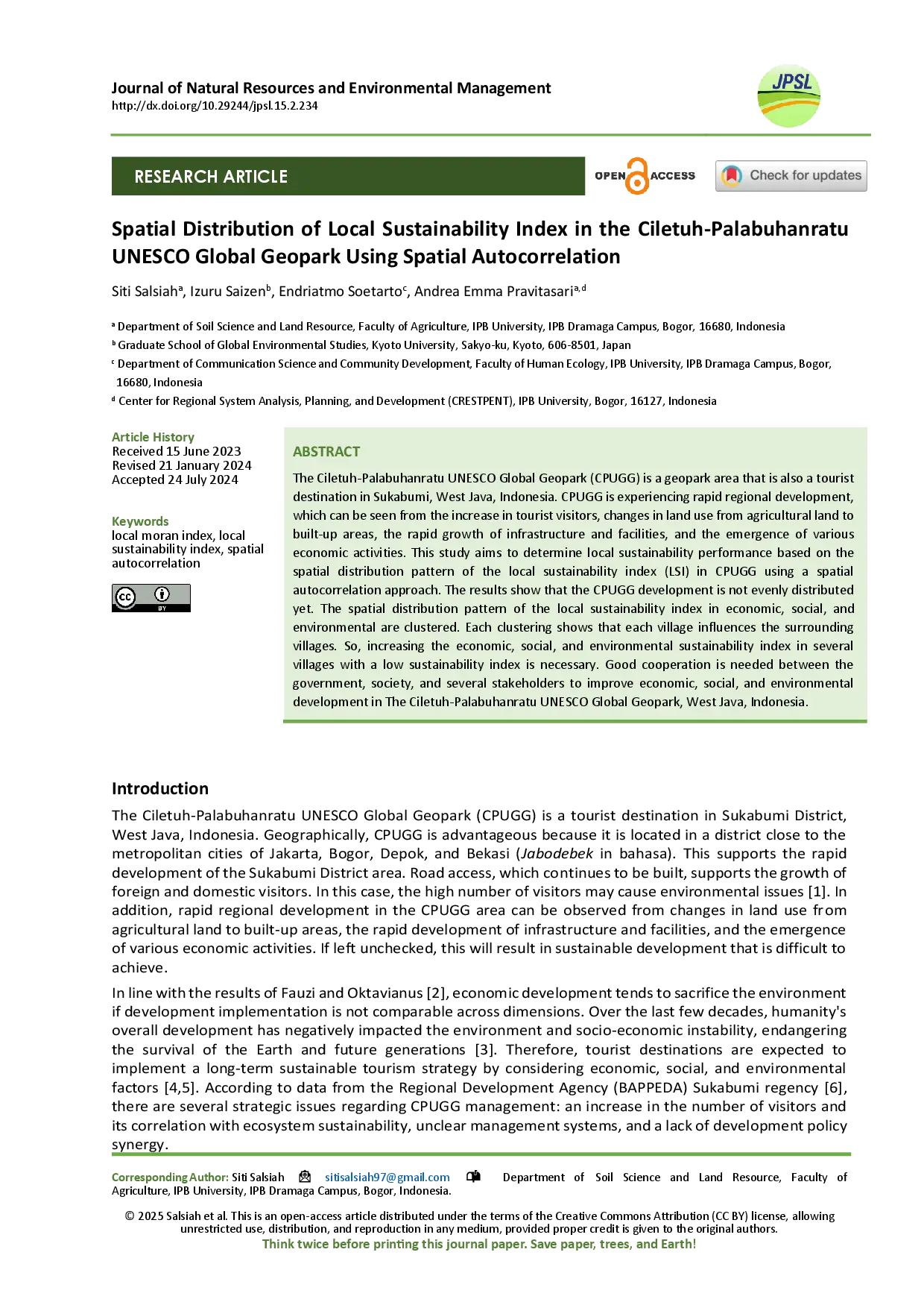juris Spatial Distribution of Local Sustainability Index in the Ciletuh Palabuhanratu UNESCO Global Geopark Using Spatial Autocorrelation