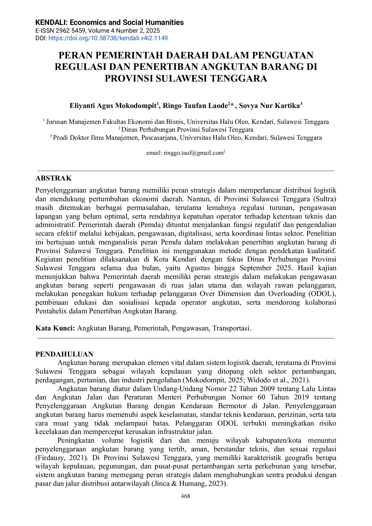 JURIS Peran Pemerintah Daerah dalam Penguatan Regulasi dan Penertiban Angkutan Barang di Provinsi Sulawesi Tenggara
