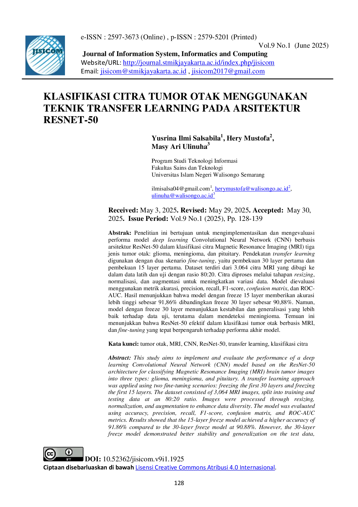 JURIS Klasifikasi Citra Tumor Otak Menggunakan Teknik Transfer Learning Pada Arsitektur ResNet 50