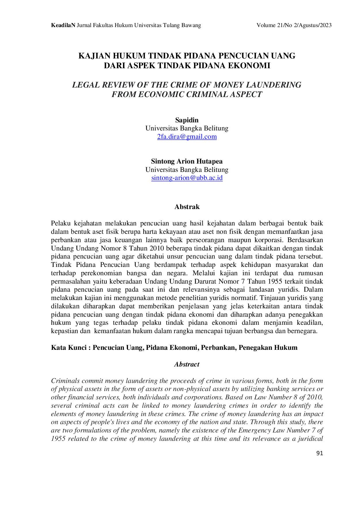 JURIS Kajian Hukum Tindak Pidana Pencucian Uang Dari Aspek Tindak Pidana Ekonomi