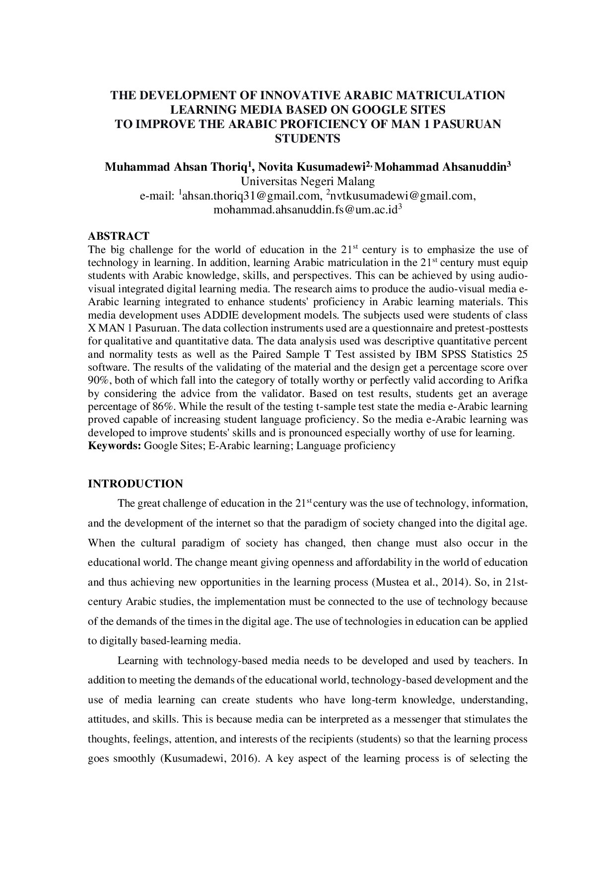 JURIS The Development of Innovative Arabic Matriculation Learning Media Based on Google Sites to Improve The Arabic Proficiency of MAN 1 Pasuruan Students