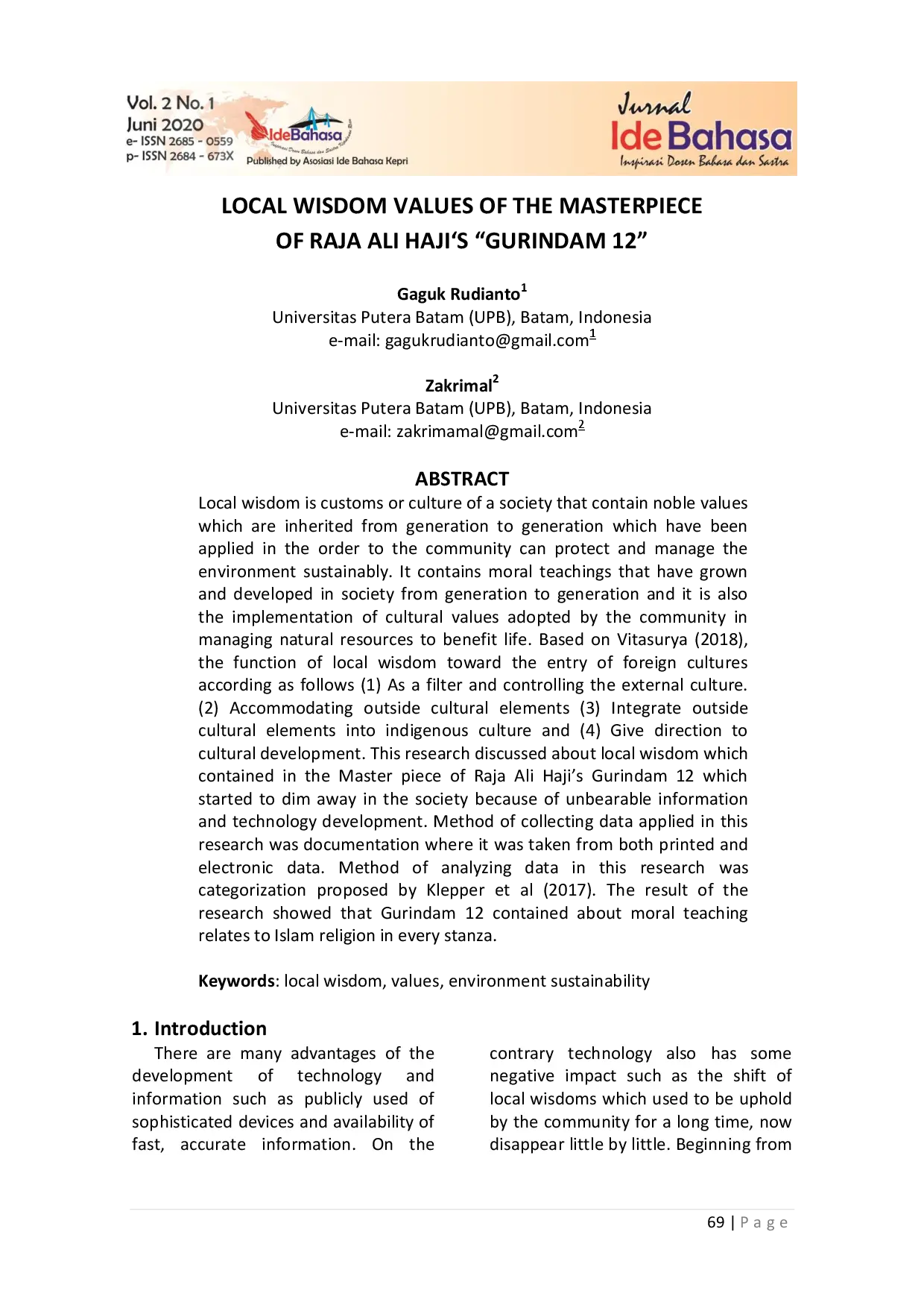 juris Local Wisdom Values of the Masterpiece of Raja Ali Haji s Gurindam 12