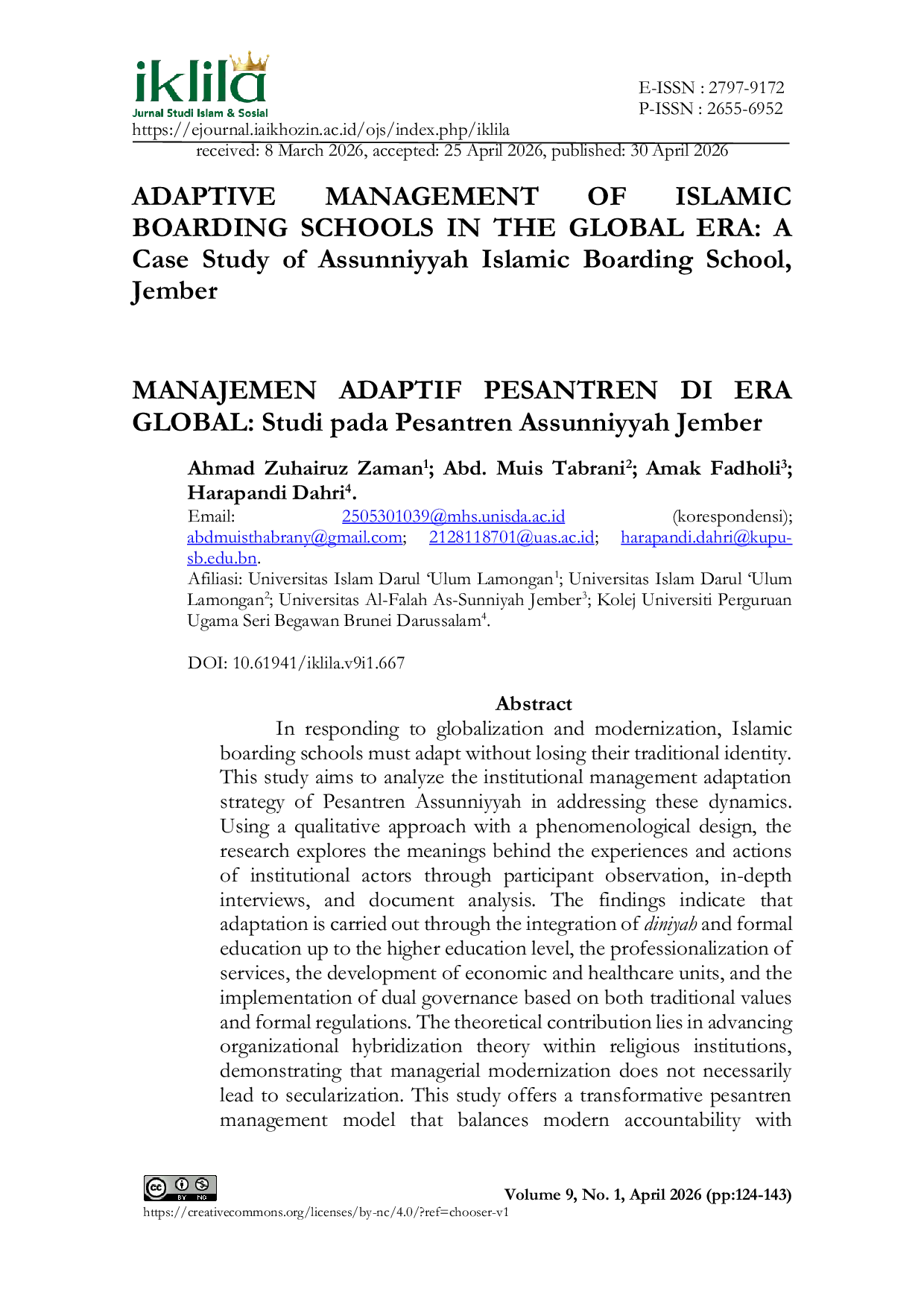 JURIS ADAPTIVE MANAGEMENT OF ISLAMIC BOARDING SCHOOLS IN THE GLOBAL ERA A Case Study of Assunniyyah Islamic Boarding School Jember MANAJEMEN ADAPTIF PESANTREN DI ERA GLOBAL Studi pada Pesantren Assunniy