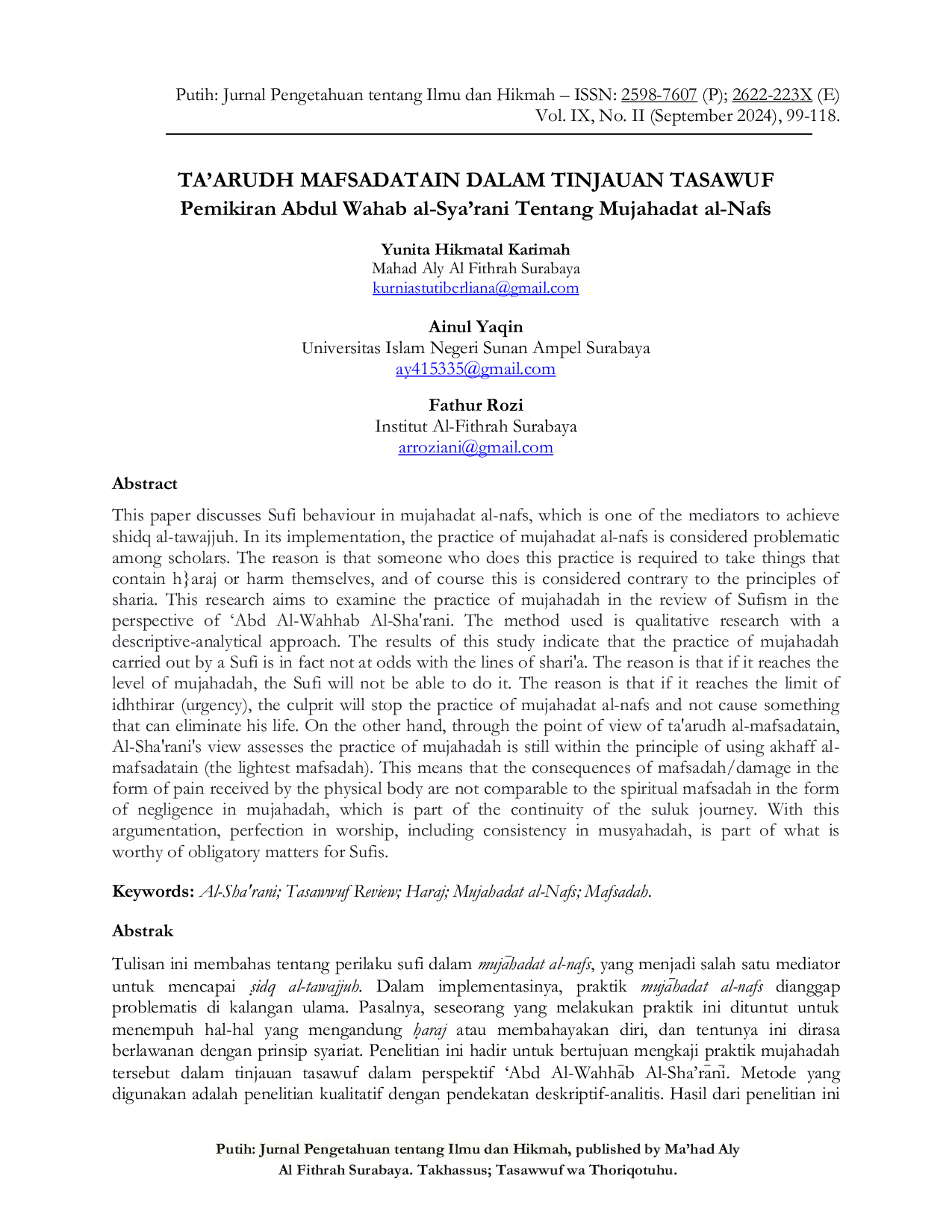 JURIS Ta arudh Mafsadatain dalam Tinjauan Tasawuf Pemikiran Abdul Wahab al Sya rani Tentang Mujahadat al Nafs