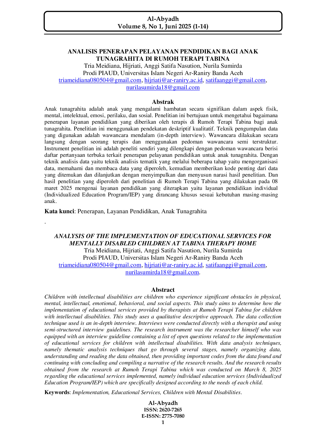 JURIS Analisis Penerapan Pelayanan Pendidikan Bagi Anak Tunagrahita di Rumoh Terapi Tabina