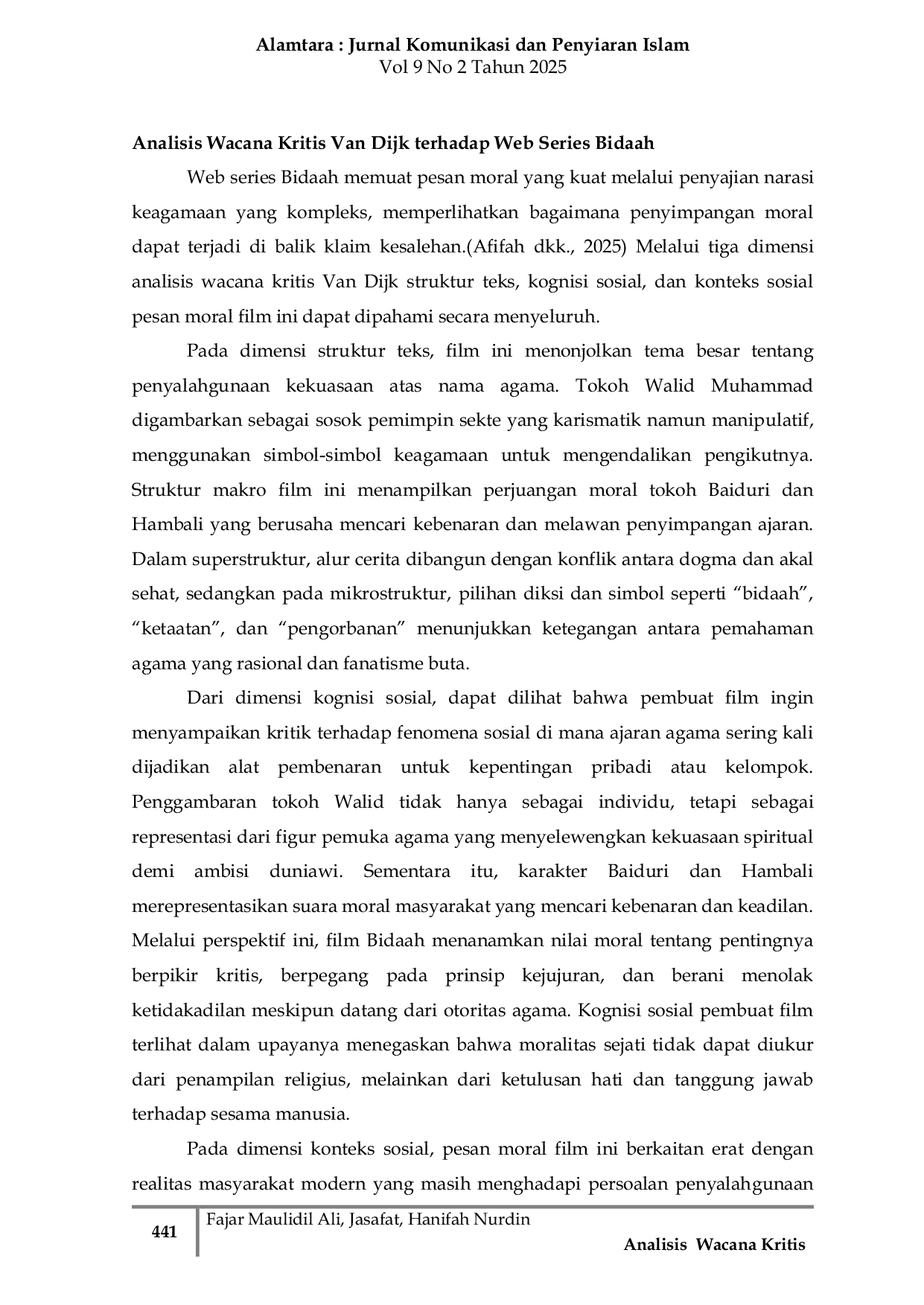 JURIS Analisis Wacana Kritis Van Dijk terhadap Pesan Moral dalam Web Series Bidaah