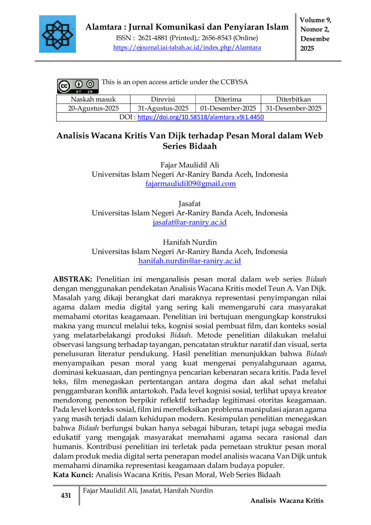 JURIS Analisis Wacana Kritis Van Dijk terhadap Pesan Moral dalam Web Series Bidaah