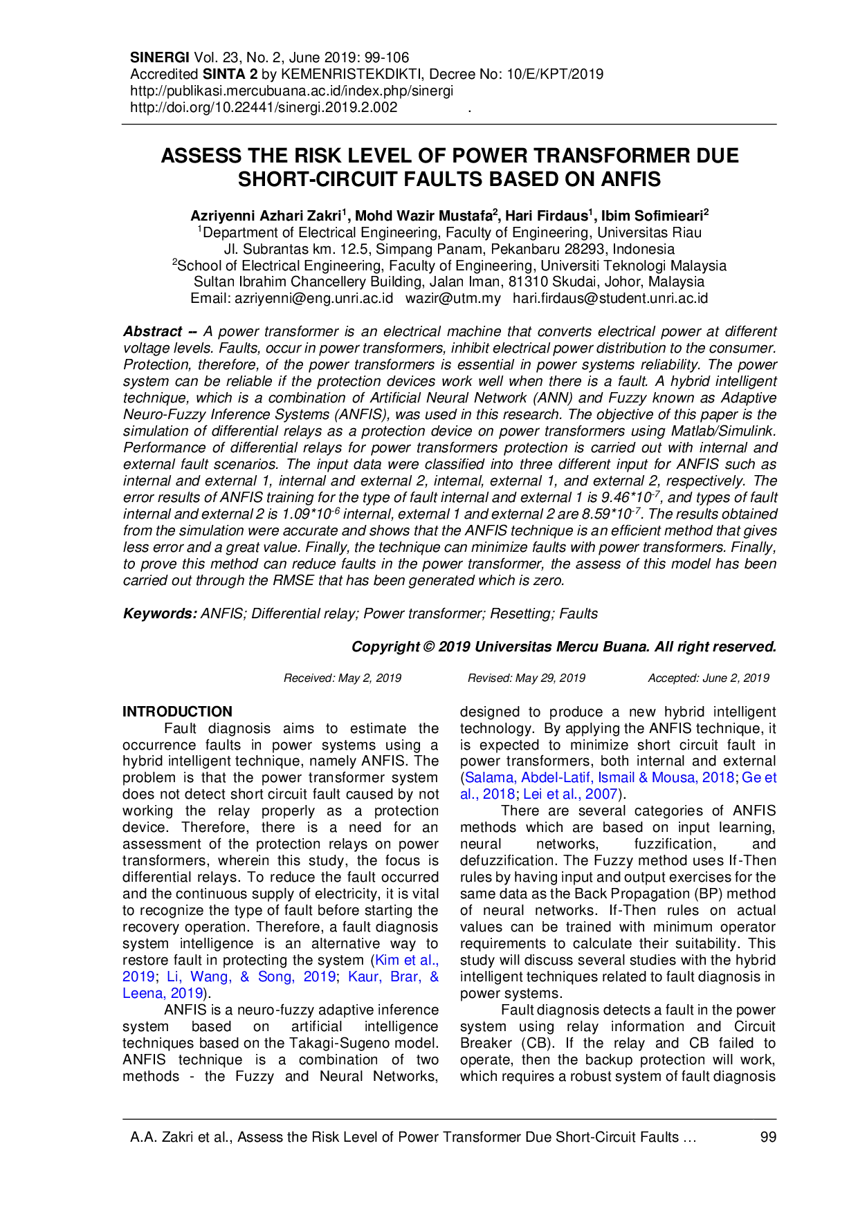 juris Assess the Risk Level of Power Transformer Due Short Circuit Faults Based on ANFIS